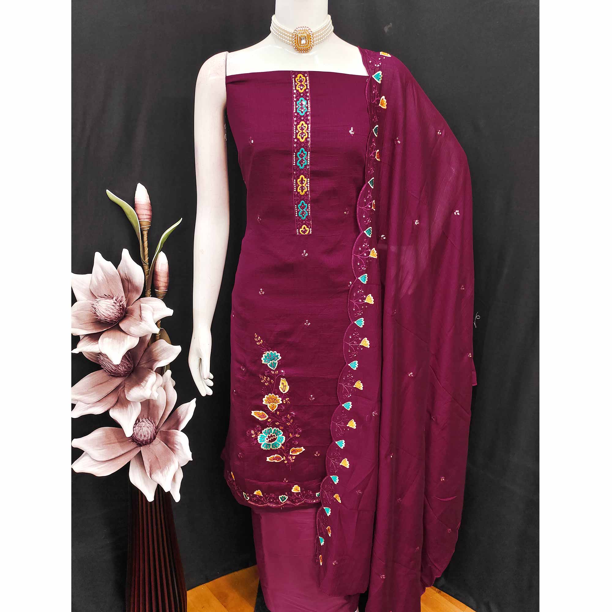Graceful Wine Vichitra Silk Dress Material Adorned With Floral Thread Embroidery & Sequins Work