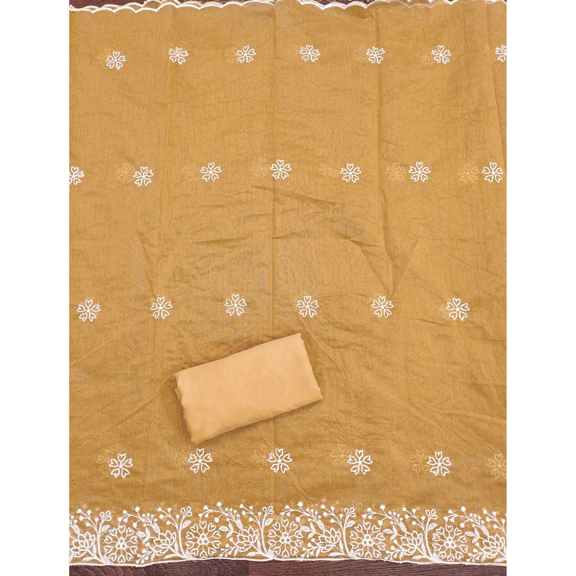 Beige Cotton Blend Unstitched Suit Material with Soft Floral Embroidery Work