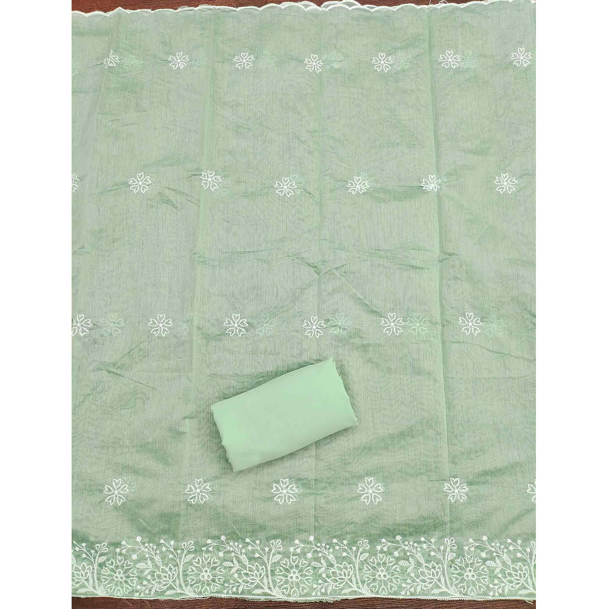 Pista Green Cotton Blend Unstitched Suit Material with Soft Floral Embroidery Work