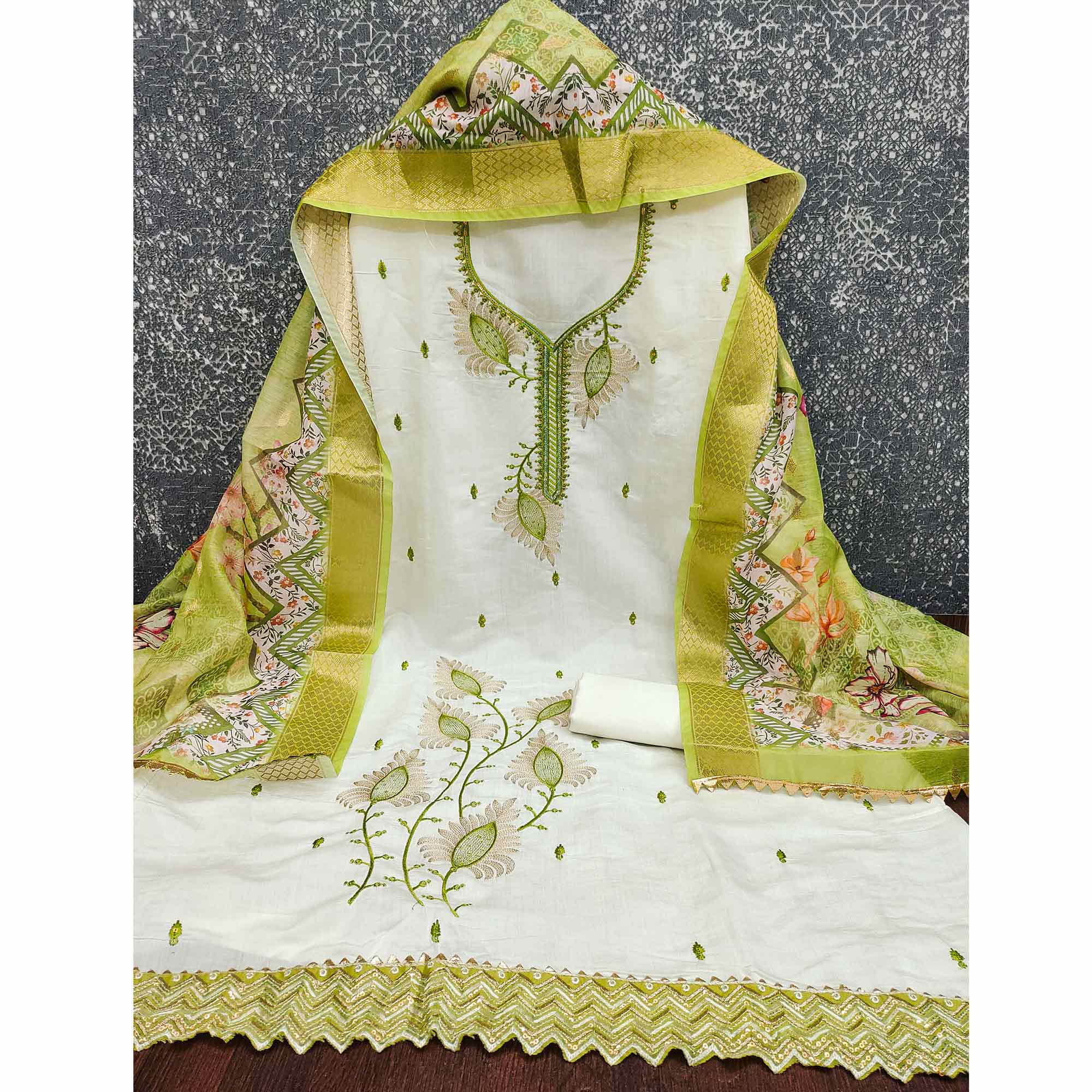 Elegant Cream & Green Floral Embroidered Roman Cotton Silk Dress Material With Subtle Sequins Work