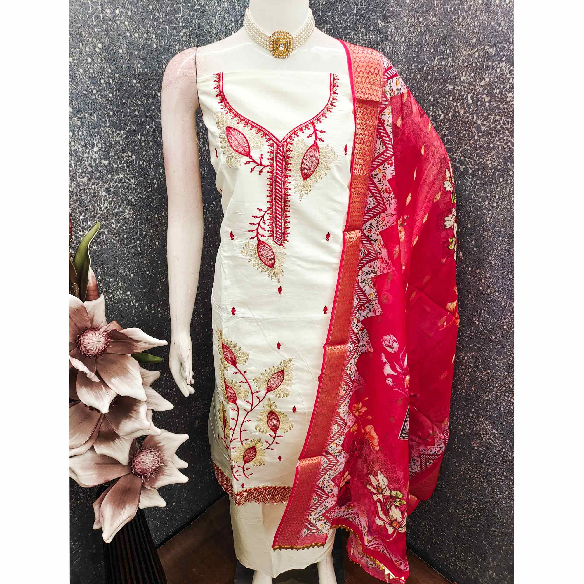 Elegant Cream & Red Floral Embroidered Roman Cotton Silk Dress Material With Subtle Sequins Work