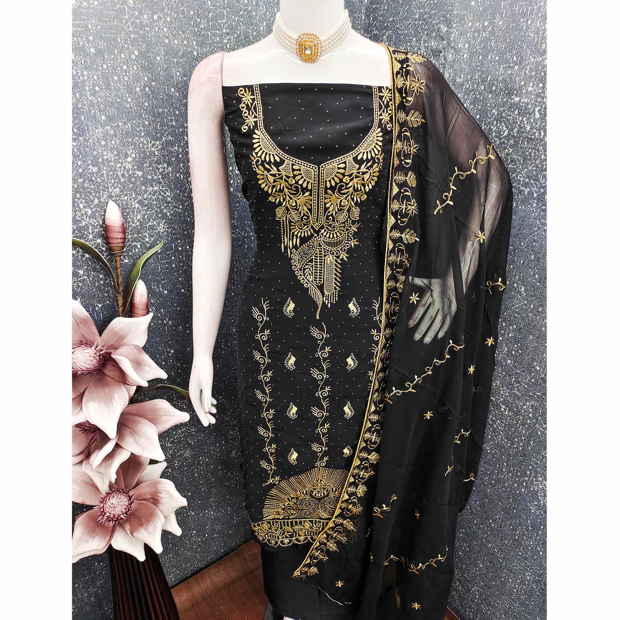 Ethnic Black Floral Embroidered Georgette Dress Material With Shimmering Swarovski Accents