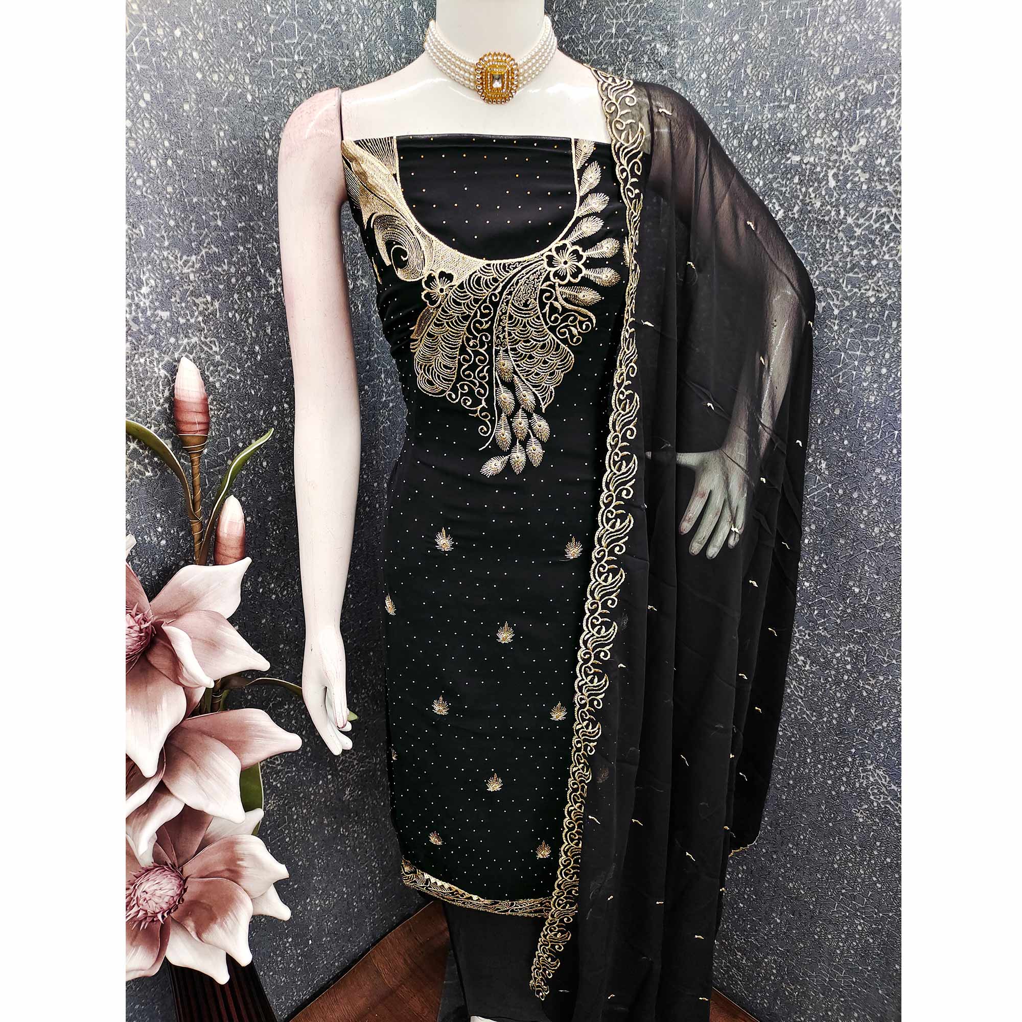Sophisticated Black Floral Embroidered Georgette Dress Material Enhanced With Fine Swarovski Work