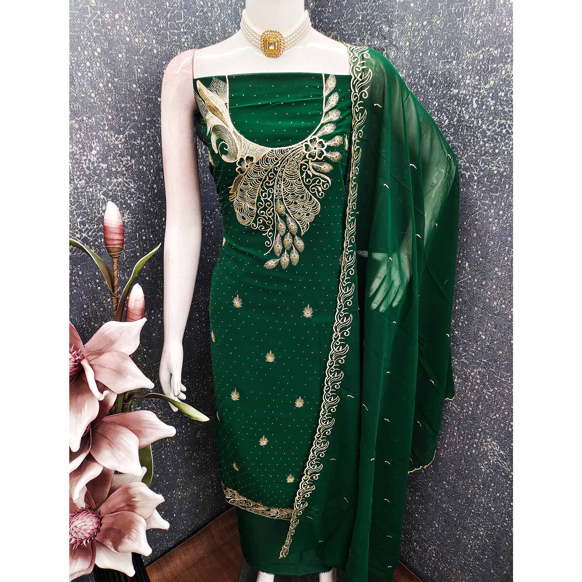 Sophisticated Green Floral Embroidered Georgette Dress Material Enhanced With Fine Swarovski Work