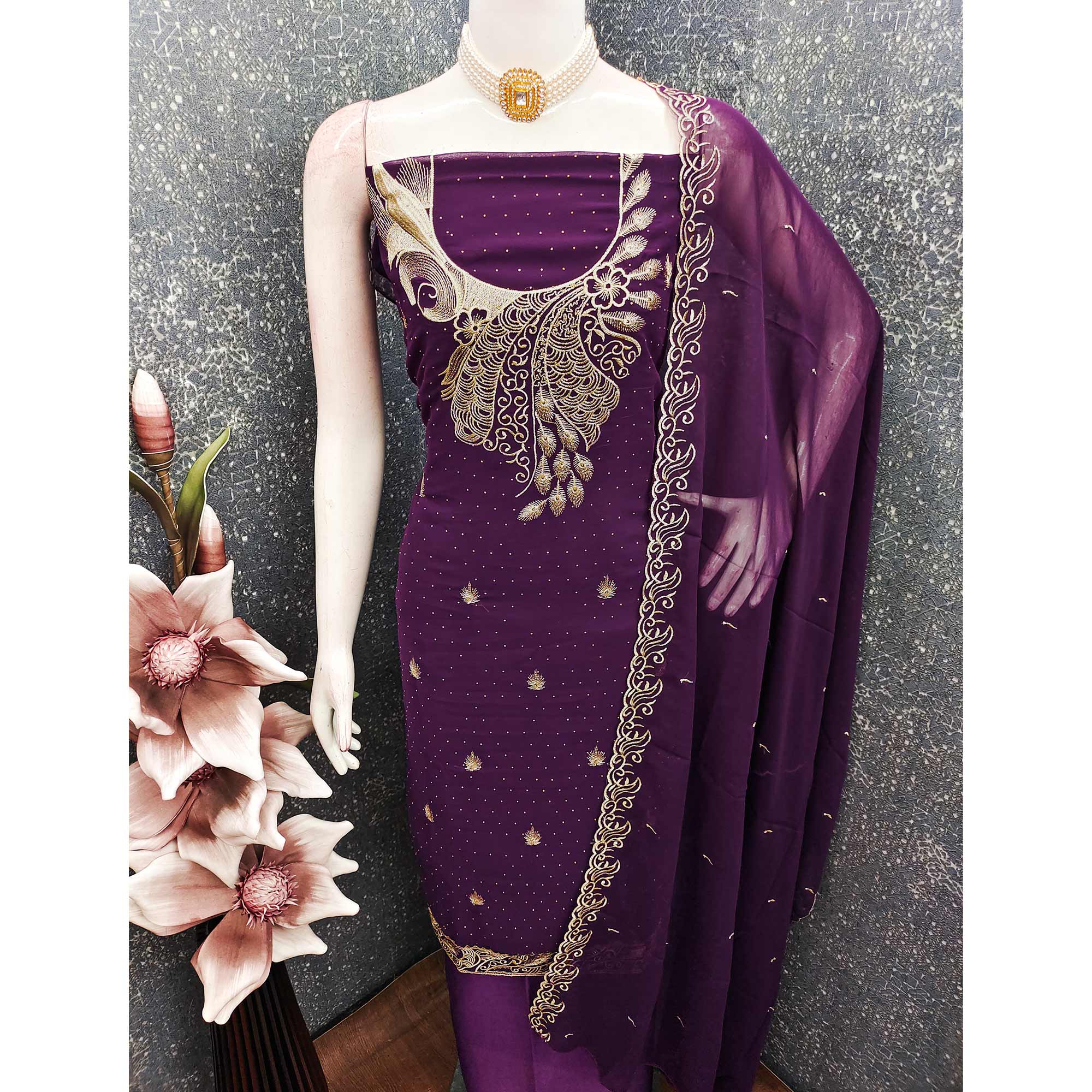Sophisticated Purple Floral Embroidered Georgette Dress Material Enhanced With Fine Swarovski Work
