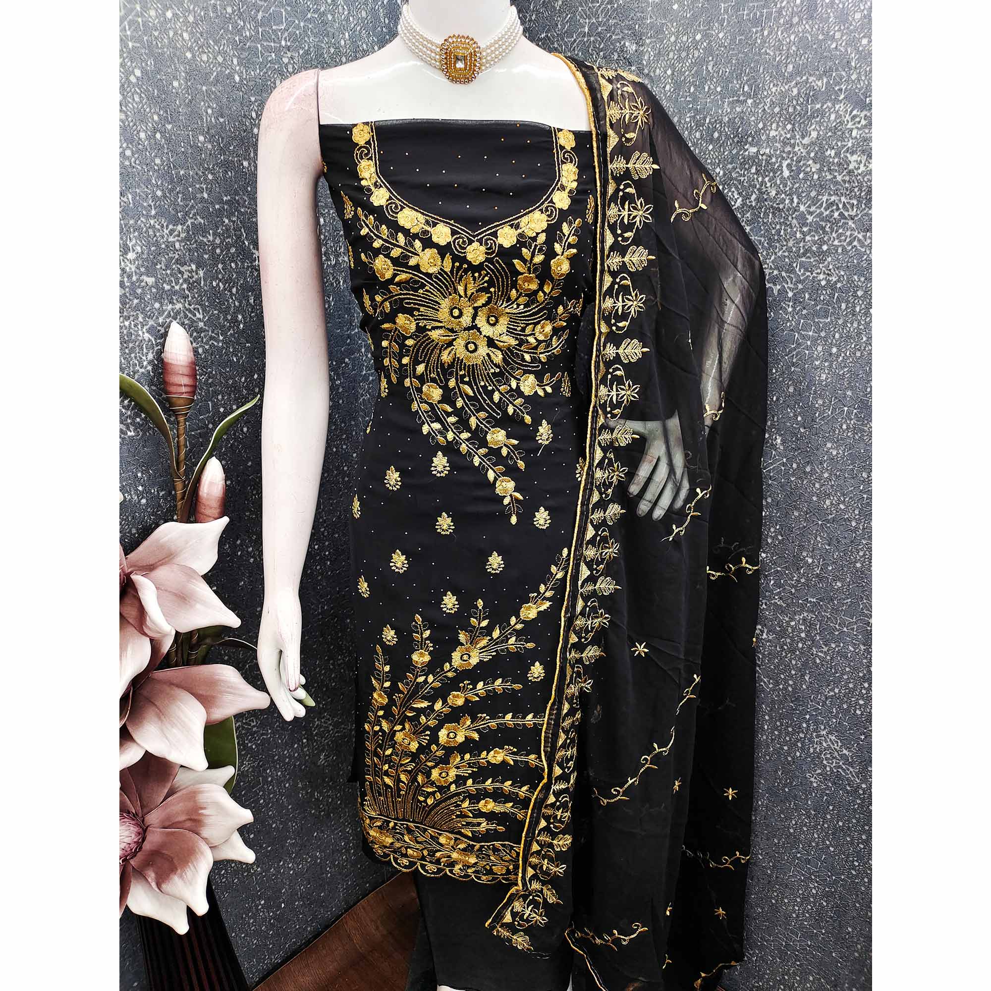 Classic Black Floral Embroidery Georgette Dress Material With Subtle Swarovski Embellishments