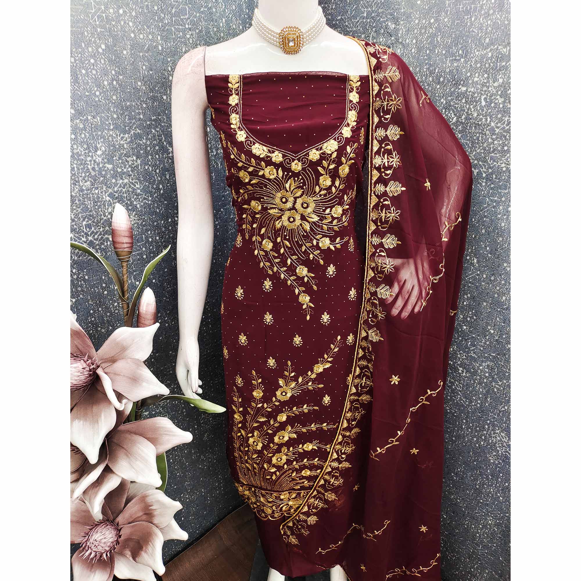 Classic Maroon Floral Embroidery Georgette Dress Material With Subtle Swarovski Embellishments