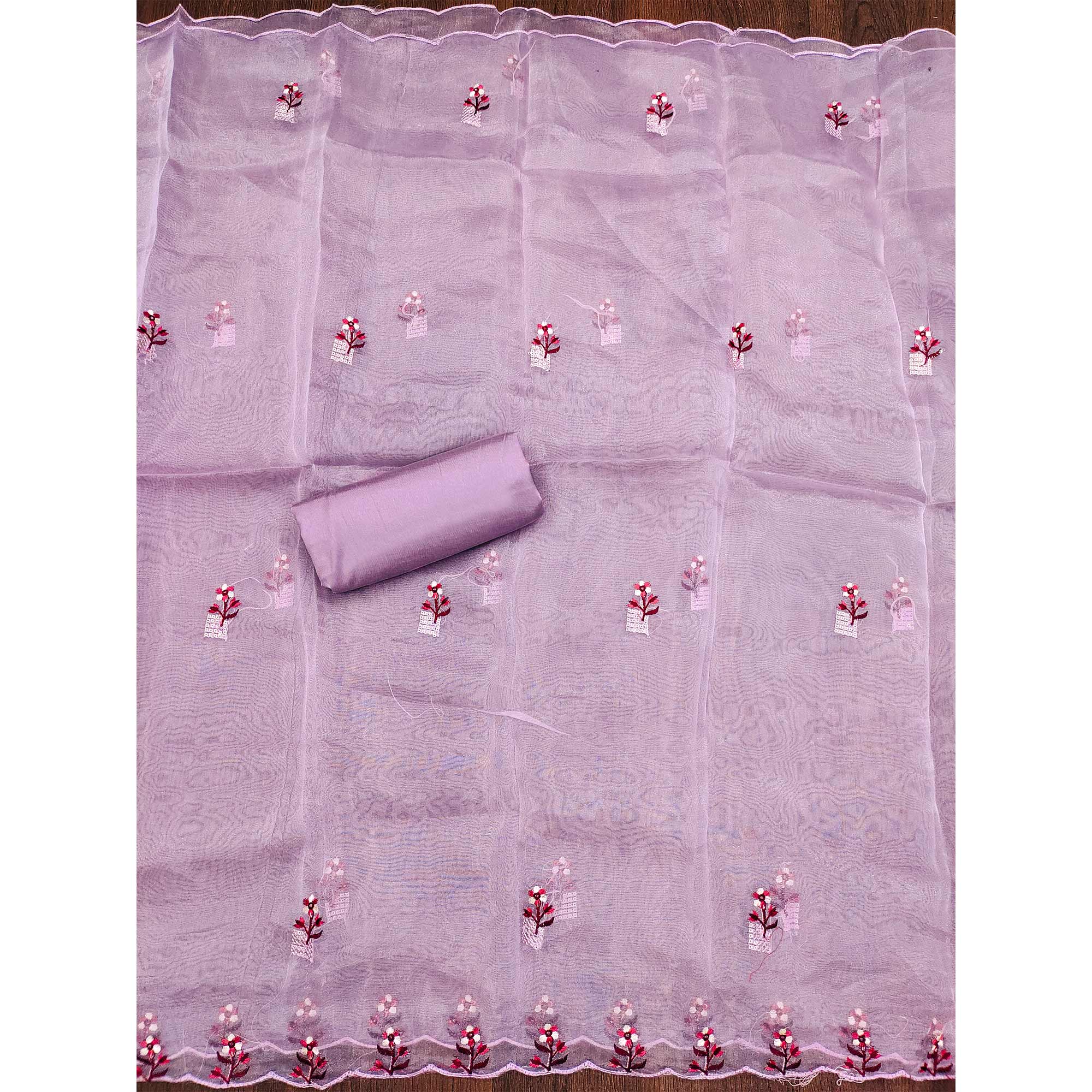 Light Lavendar Floral Sequins Embroidered Organza Dress Material