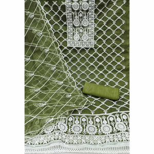 Green Sheer Organza Suit Material with Floral Embroidery Detailing
