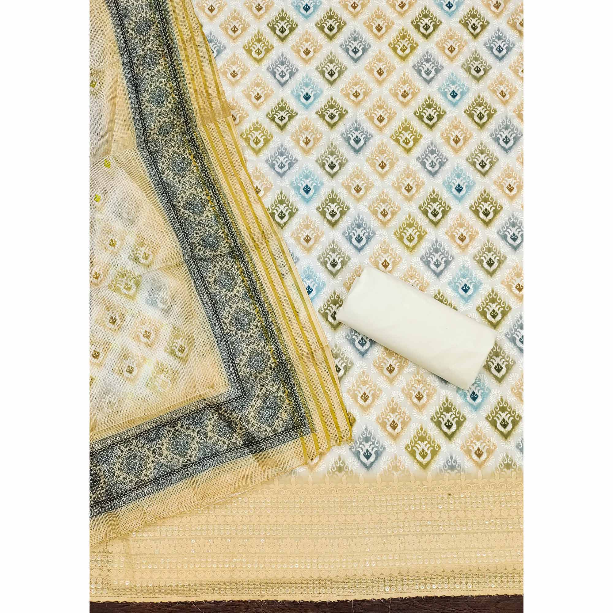 White & Cream Dress Material In Cotton Blend With Delicate Digital Print & Sifli Embroidery Work
