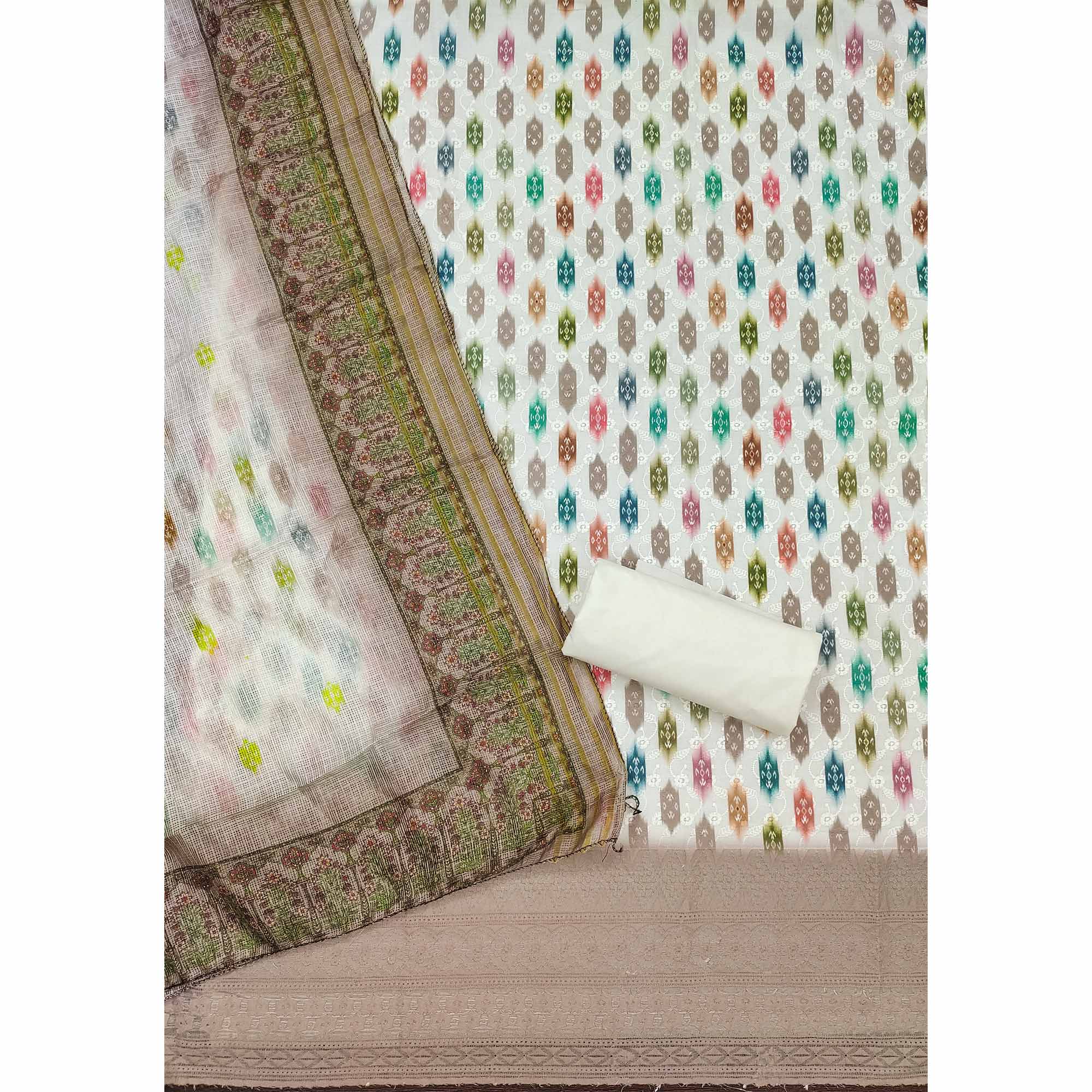 White & Taupe Schiffli Embroidered Cotton Blend Dress Material With Digital Print