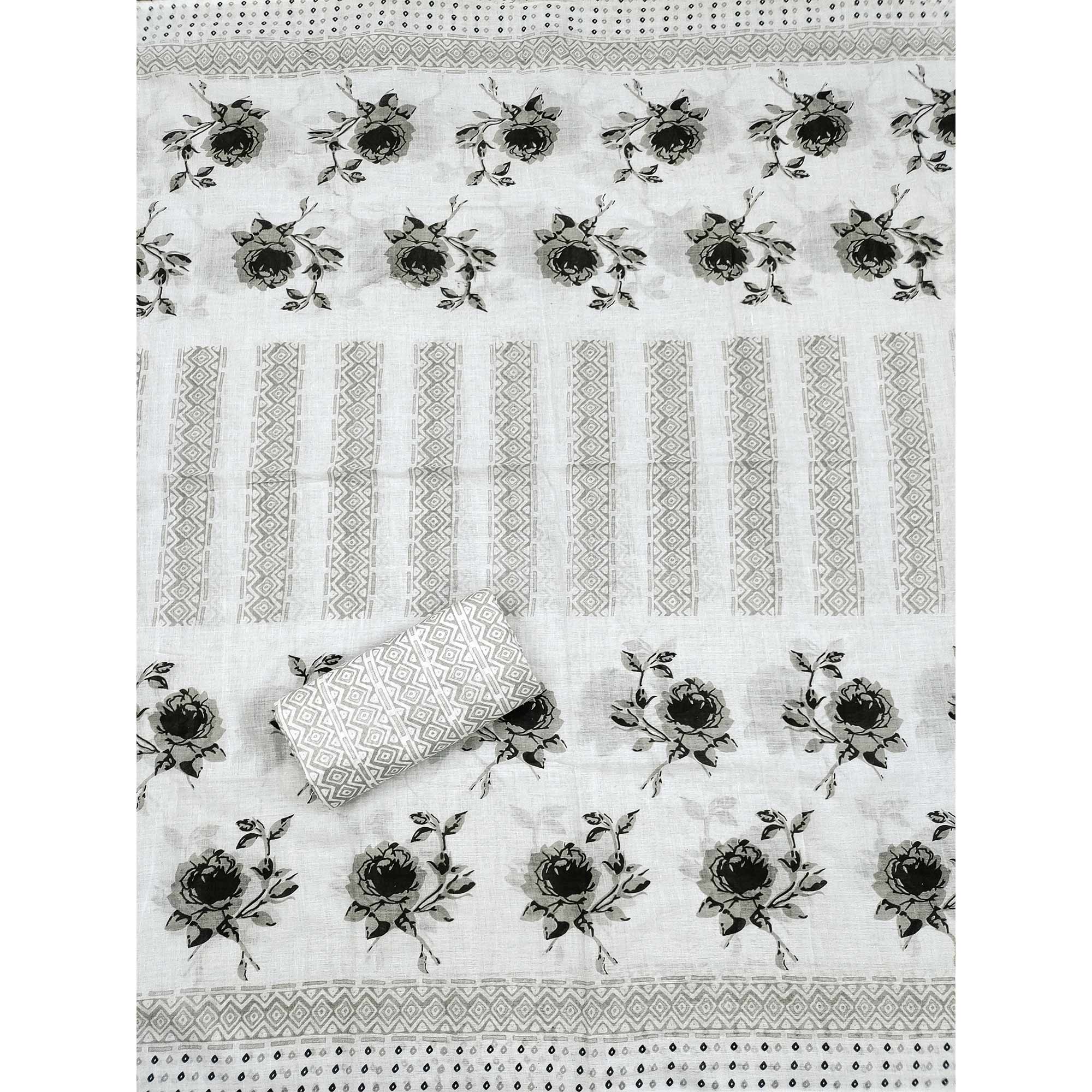 White & Grey Floral Printed With Sequins Work Cotton Blend Dress Material