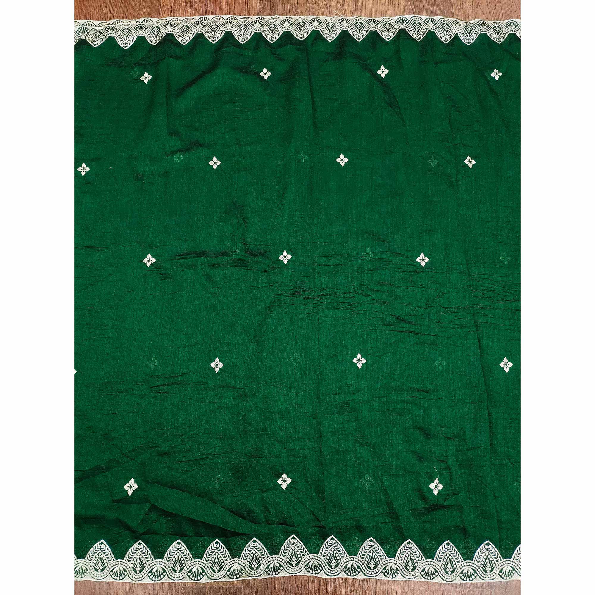 Green Vichitra Silk Dress Material With Intricate Floral Zari Embroidery