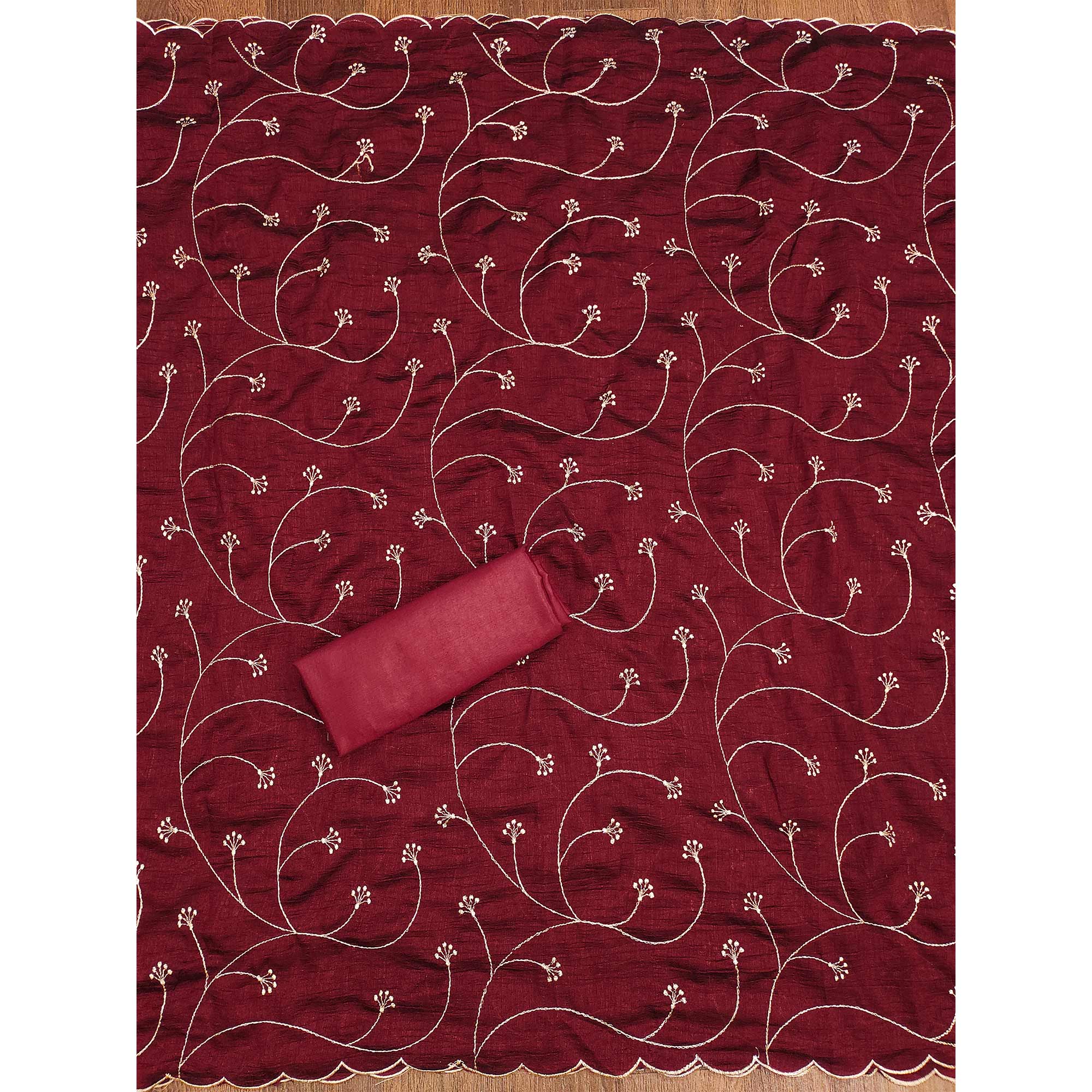Maroon Vichitra Silk Dress Material with Graceful Floral Zari Embroidery