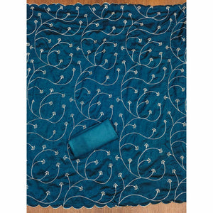 Morpich Blue Vichitra Silk Dress Material with Graceful Floral Zari Embroidery