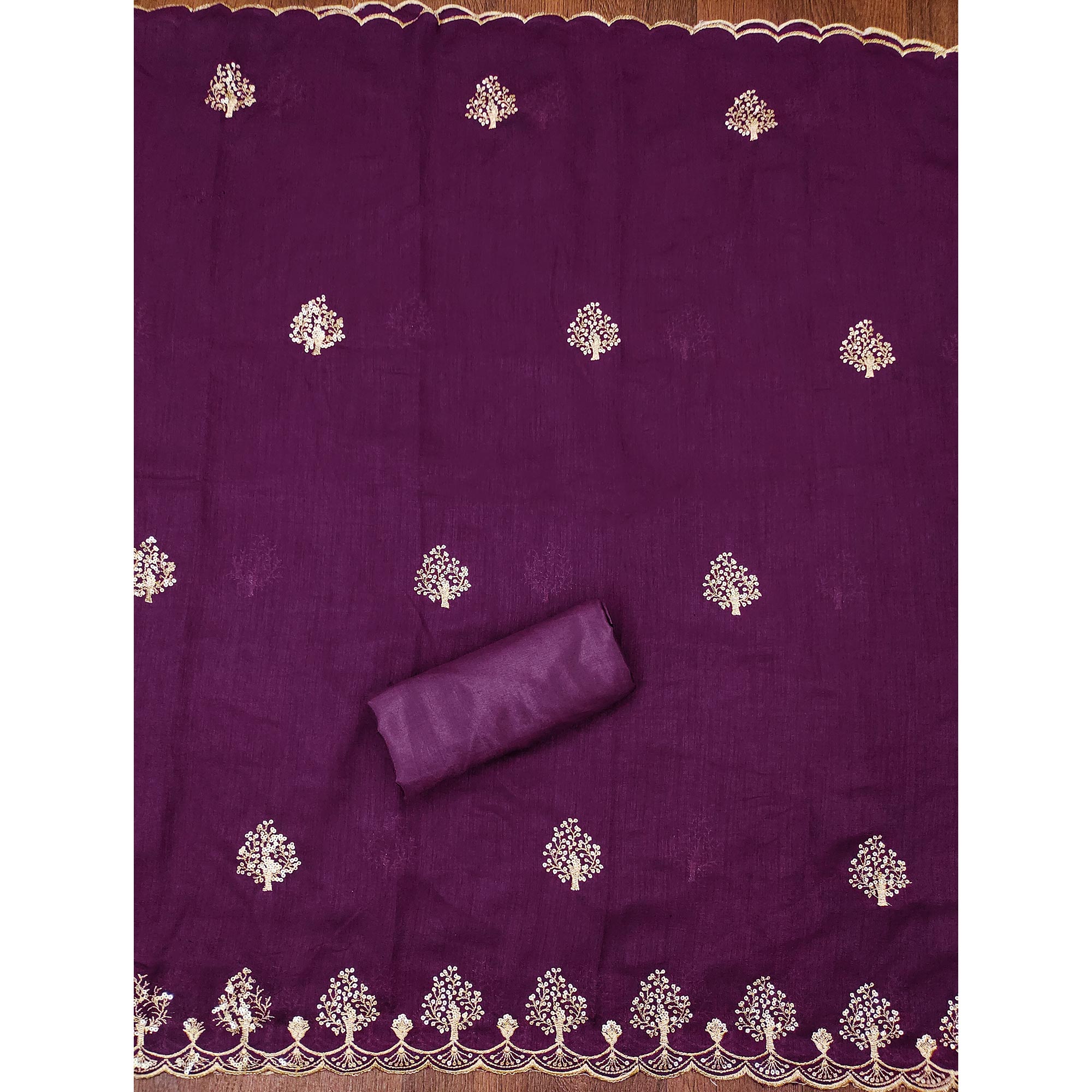 Purple Sequins Embroidered Vichitra Silk Dress Material