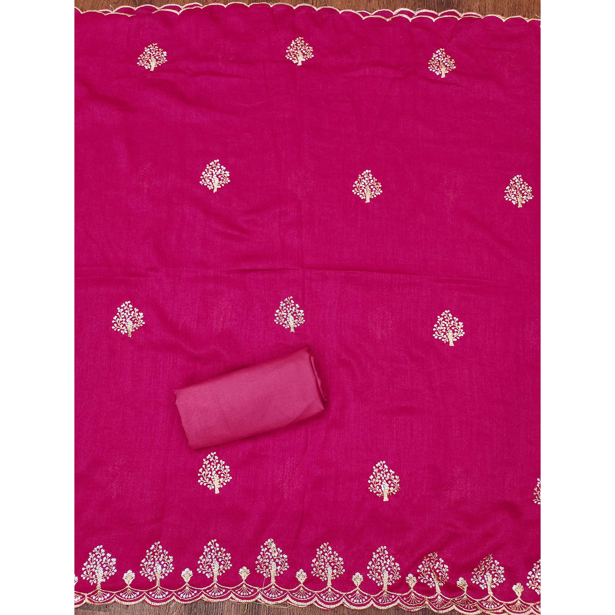 Rani Pink Sequins Embroidered Vichitra Silk Dress Material