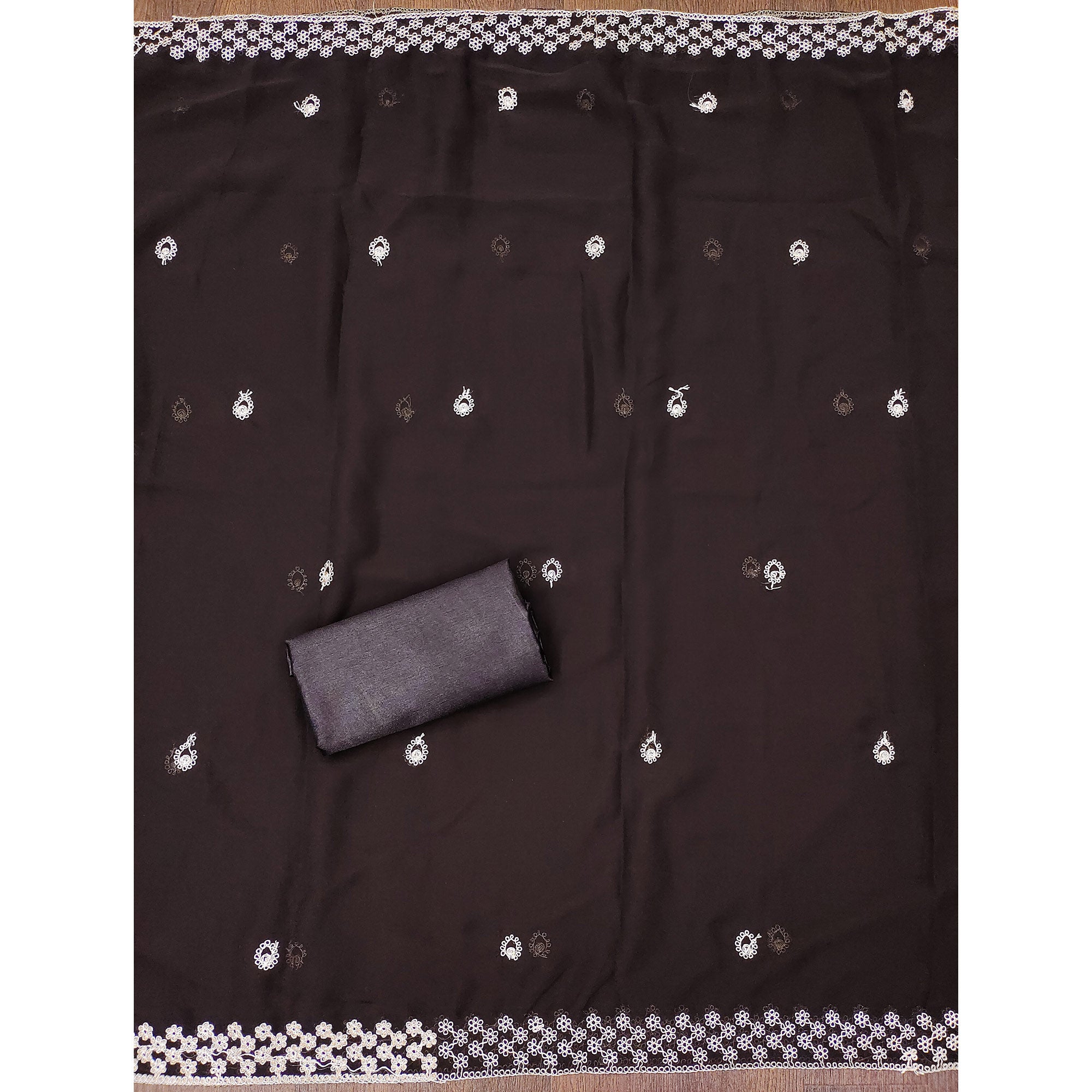Brown Embroidered Georgette Dress Material