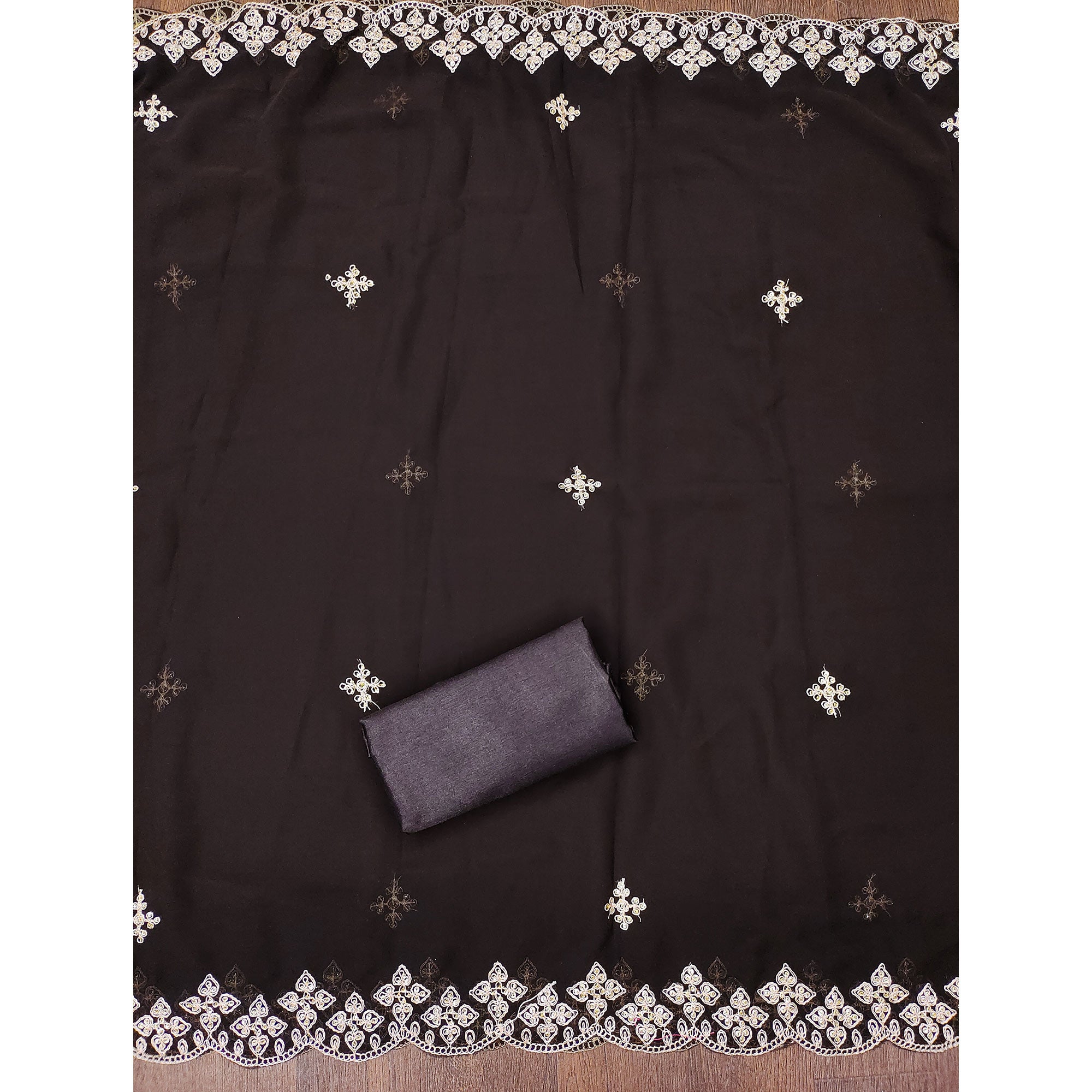 Brown Floral Embroidered Georgette Dress Material