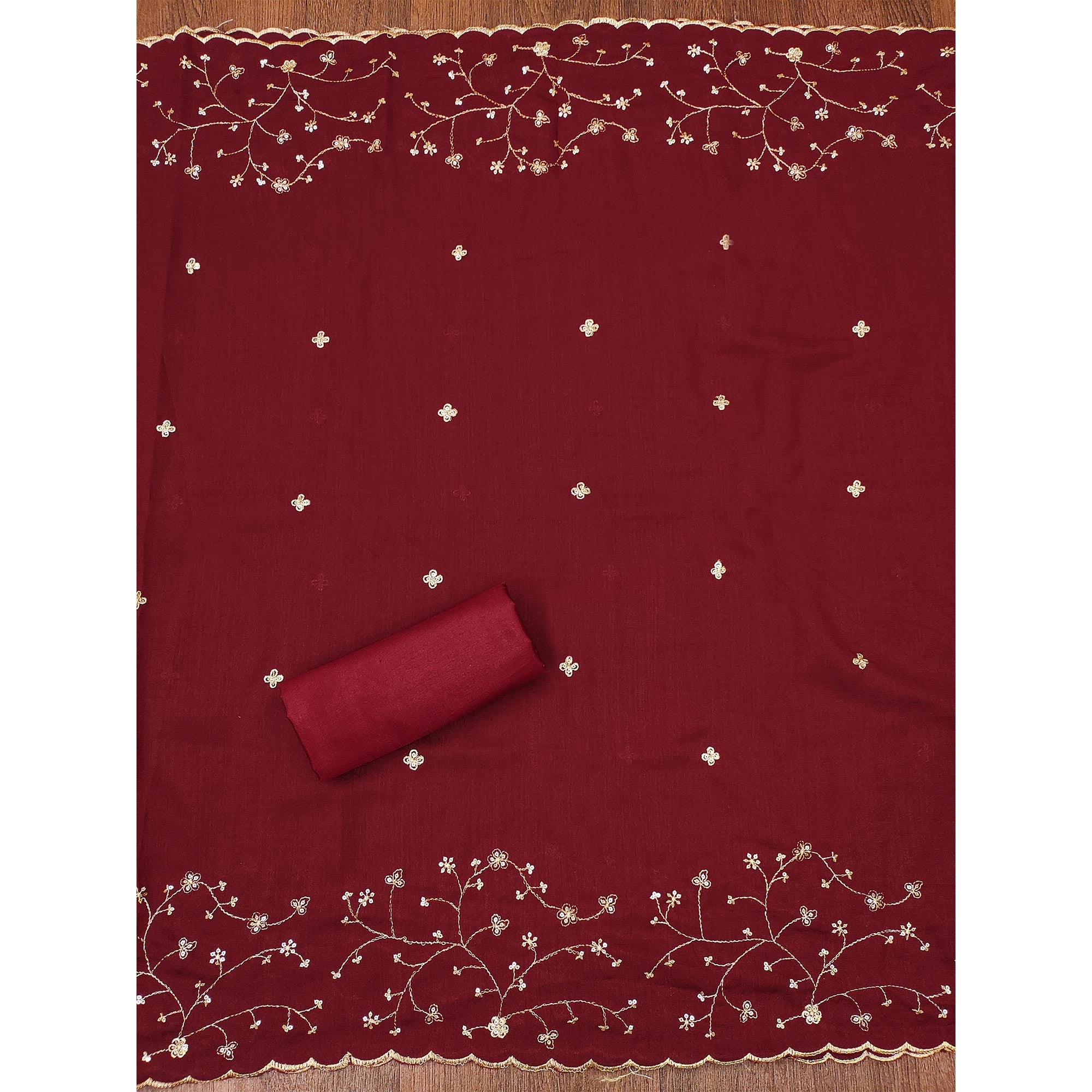 Maroon Floral Embroidered Vichitra Silk Dress Material