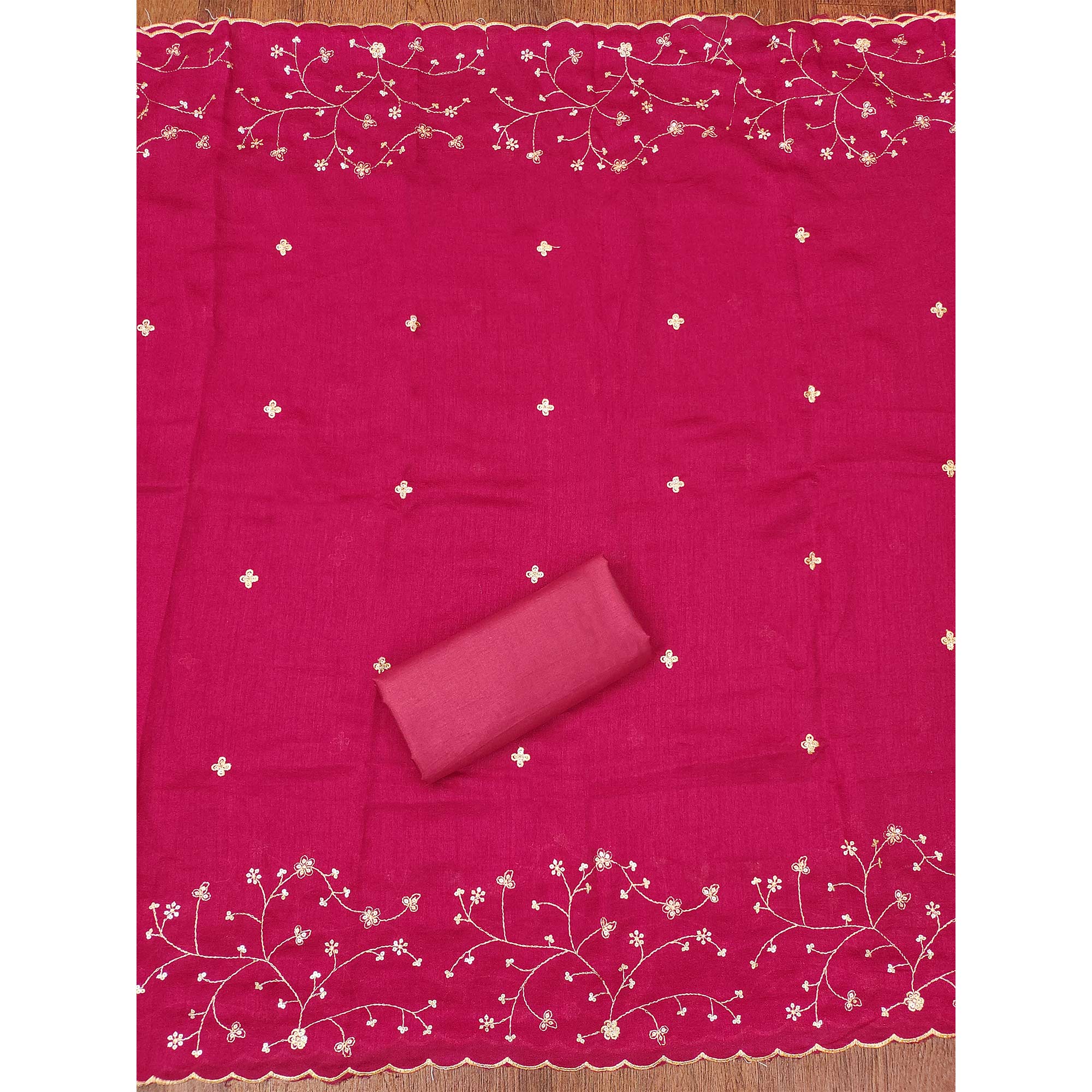 Pink Floral Embroidered Vichitra Silk Dress Material