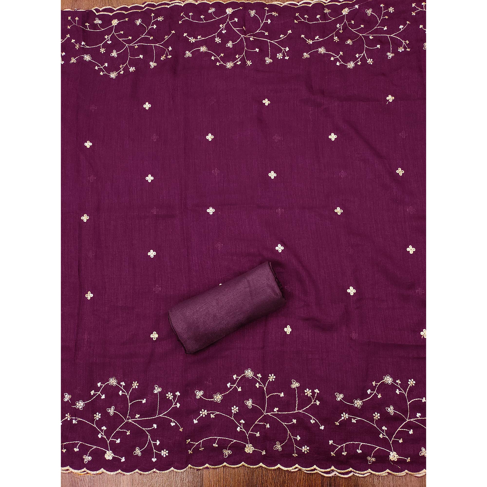 Purple Floral Embroidered Vichitra Silk Dress Material