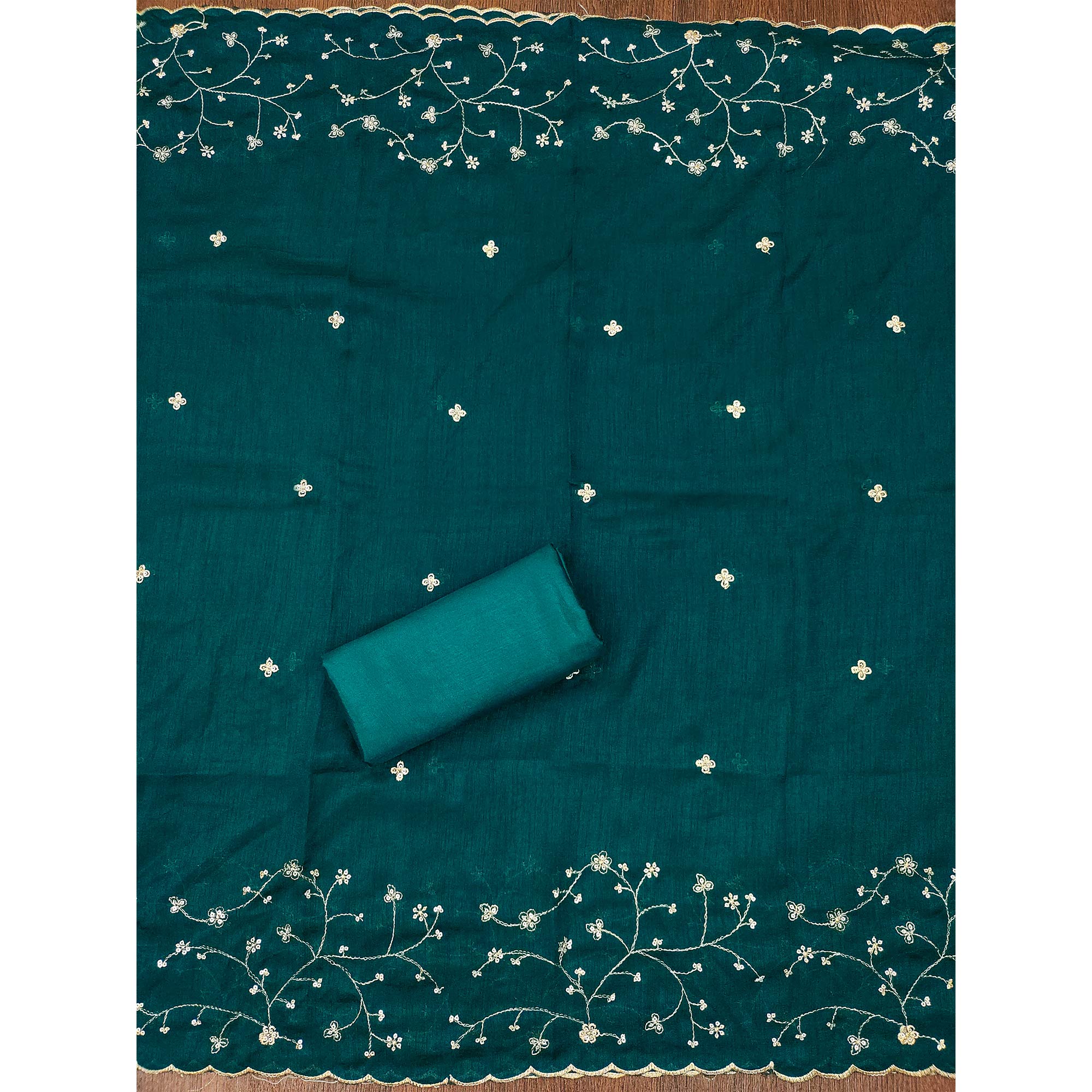 Teal Floral Embroidered Vichitra Silk Dress Material