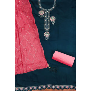 Dark Blue Pure Cotton Dress Material Adorned With Floral Embroidery & Sparkling Swarovski