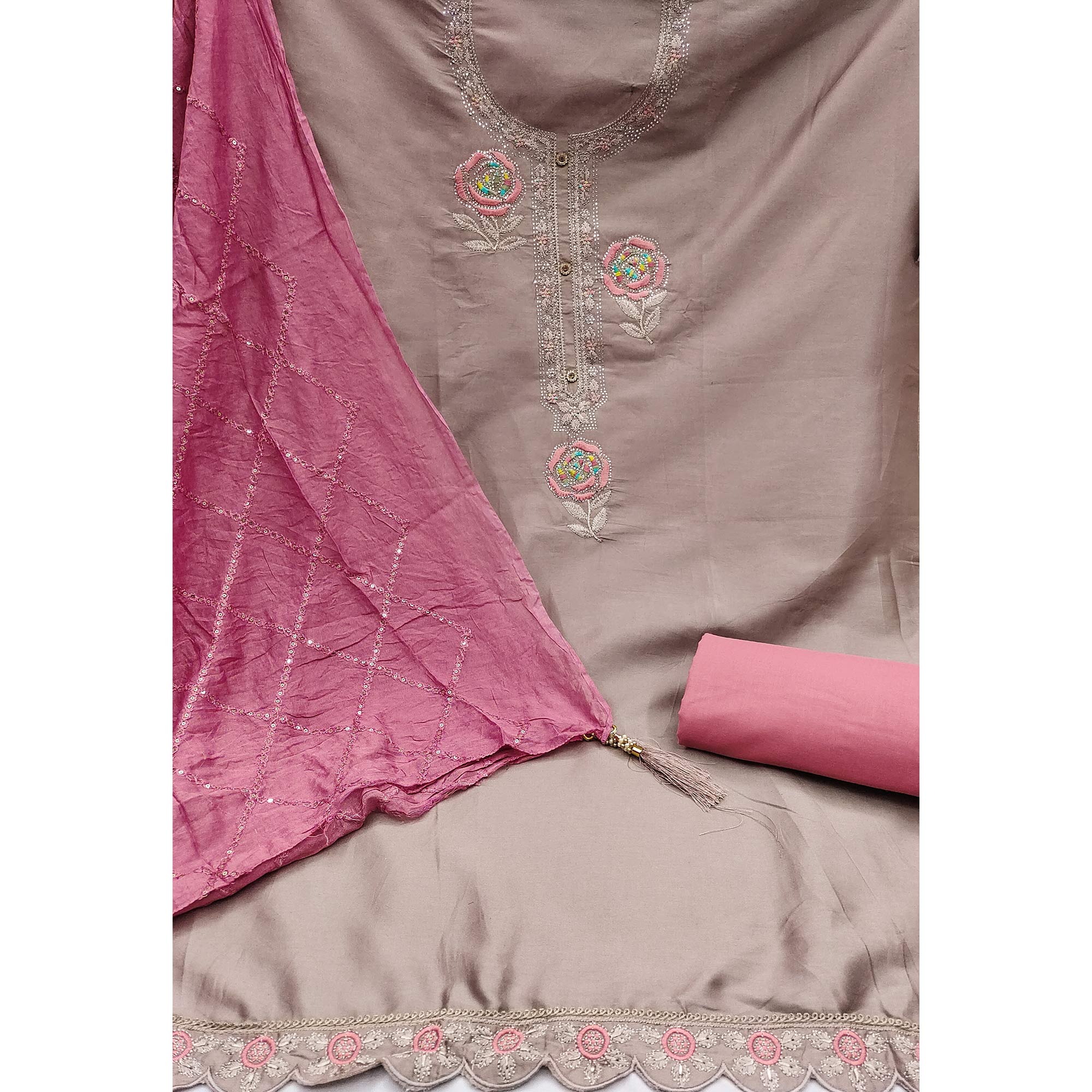 Dusty Brown Pure Cotton Dress Material Adorned With Floral Embroidery & Sparkling Swarovski