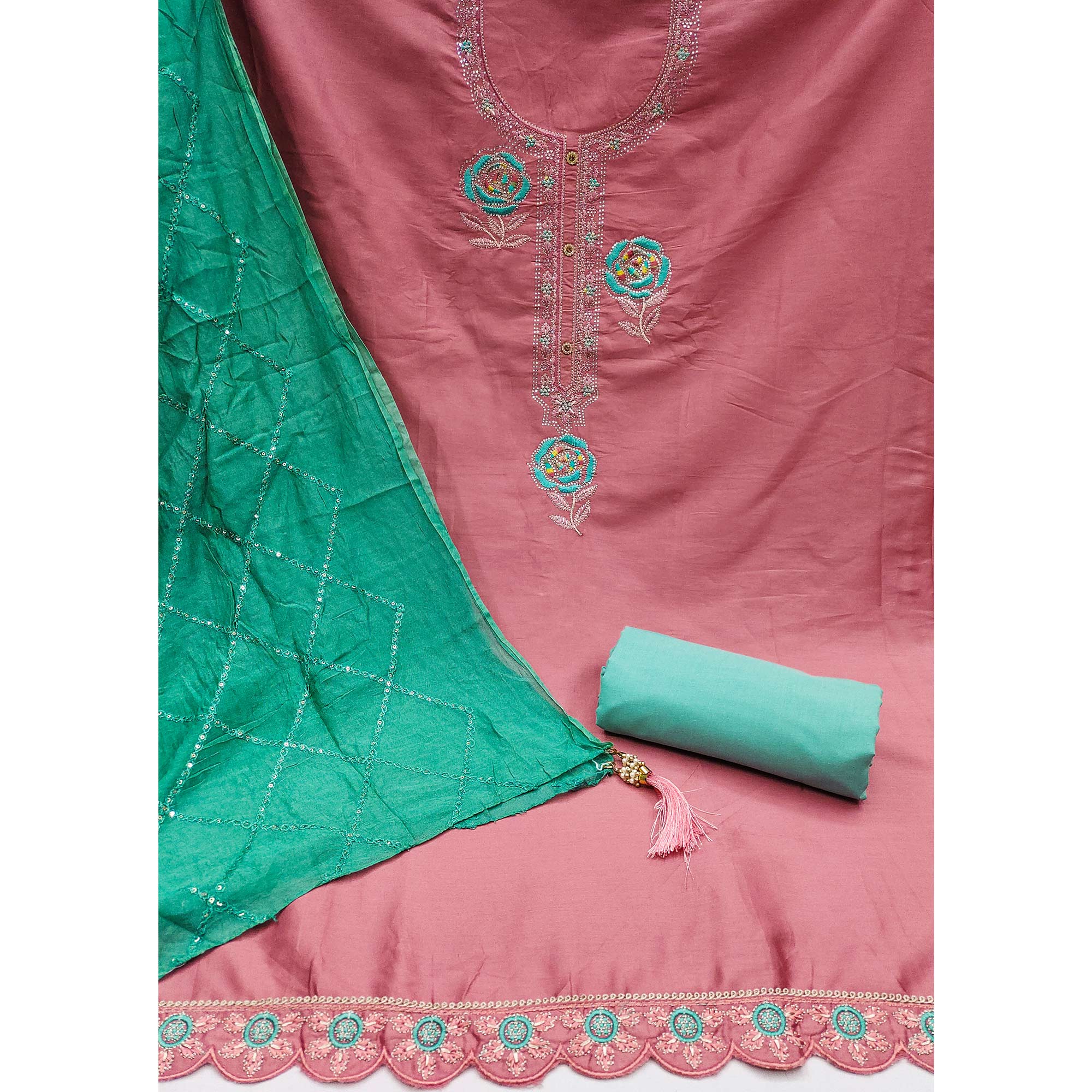 Peach Pure Cotton Dress Material Adorned With Floral Embroidery & Sparkling Swarovski