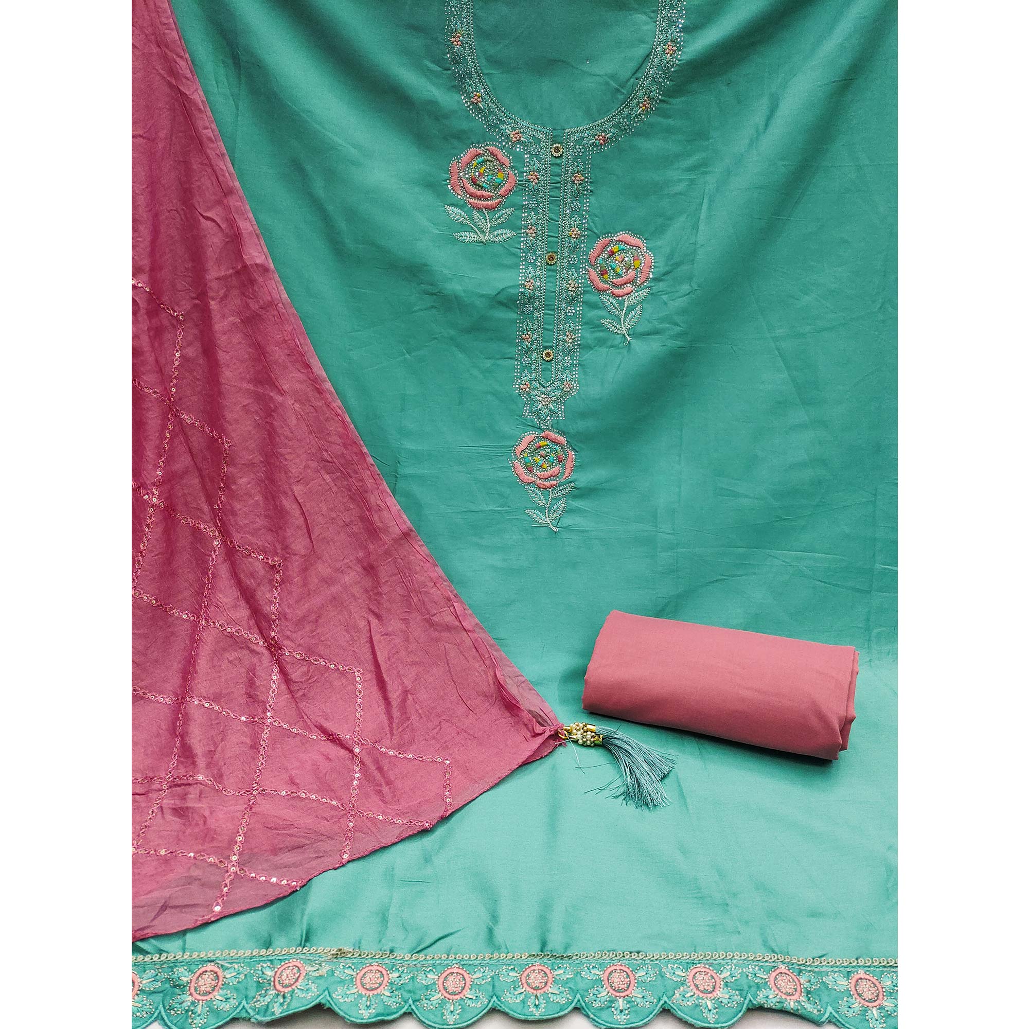Turquoise Pure Cotton Dress Material Adorned With Floral Embroidery & Sparkling Swarovski