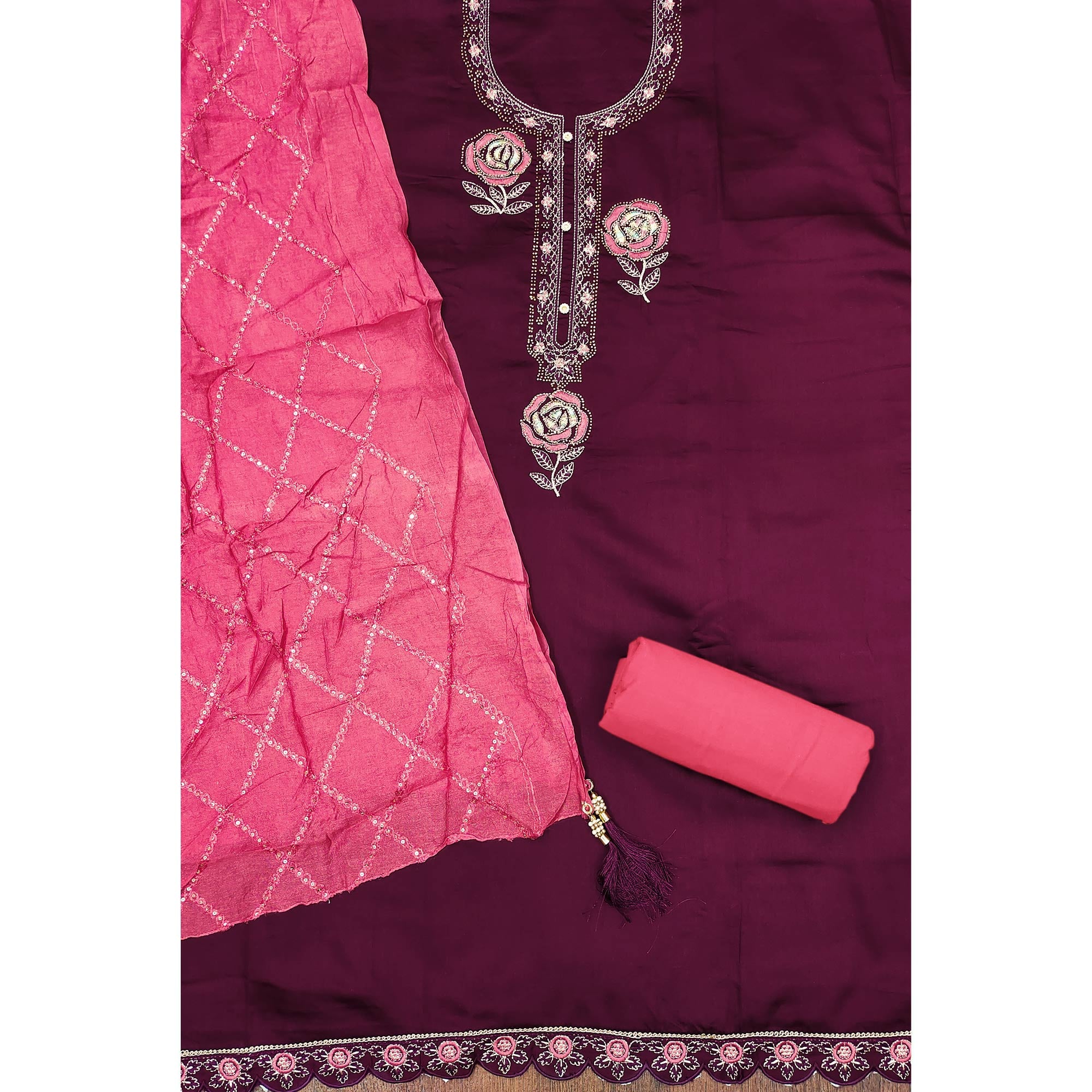 Wine Pure Cotton Dress Material Adorned With Floral Embroidery & Sparkling Swarovski