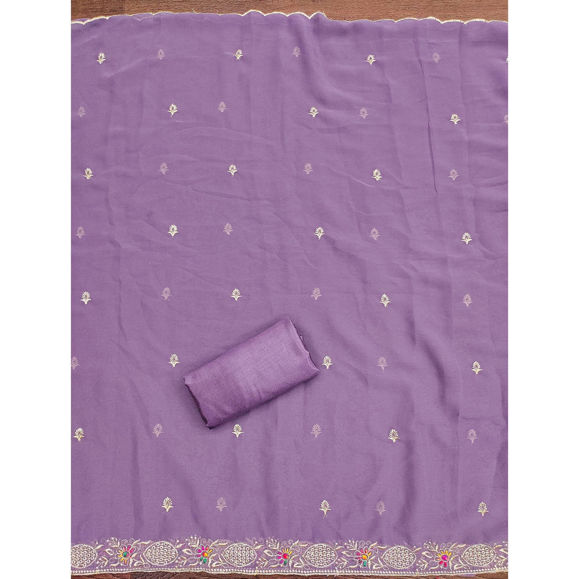 Lavender Designer Georgette Dress Material Adorned With Intricate Floral Embroidery