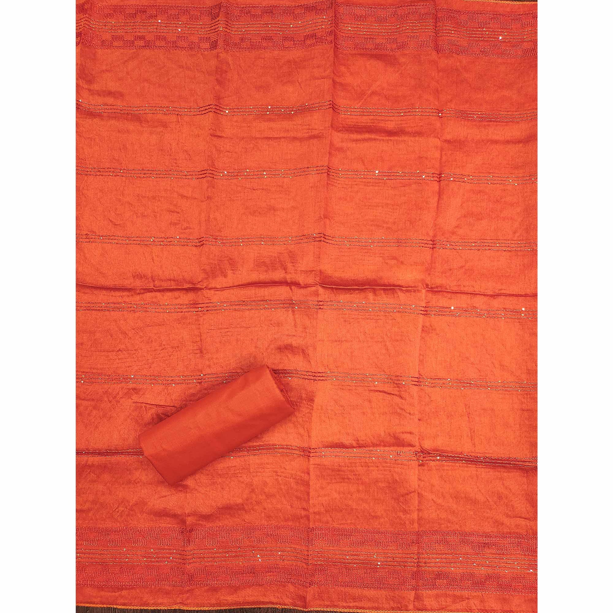White & Orange Cotton Blend Dress Material With Floral Digital Print & Embroidery