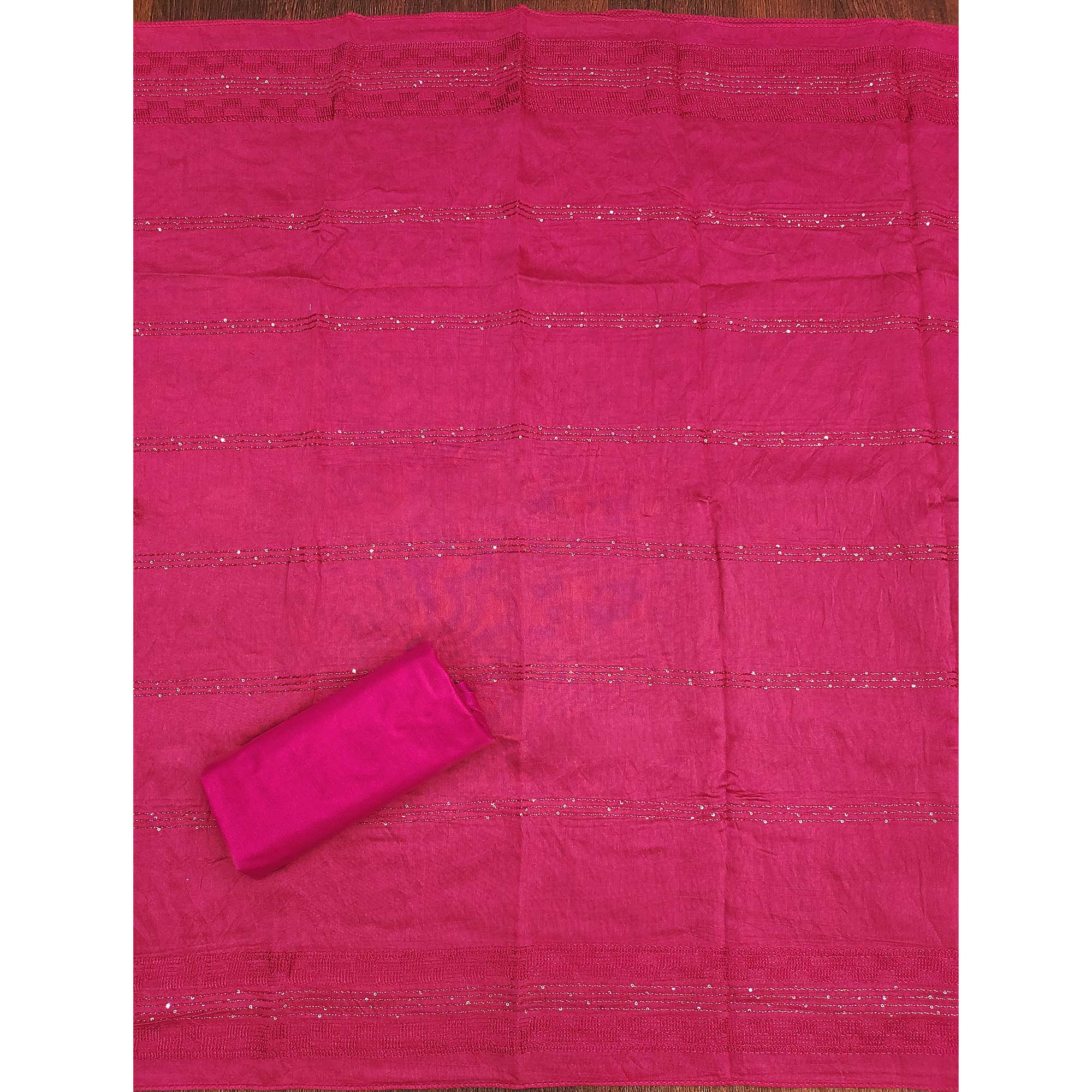 White & Rani Pink Cotton Blend Dress Material With Floral Digital Print & Embroidery