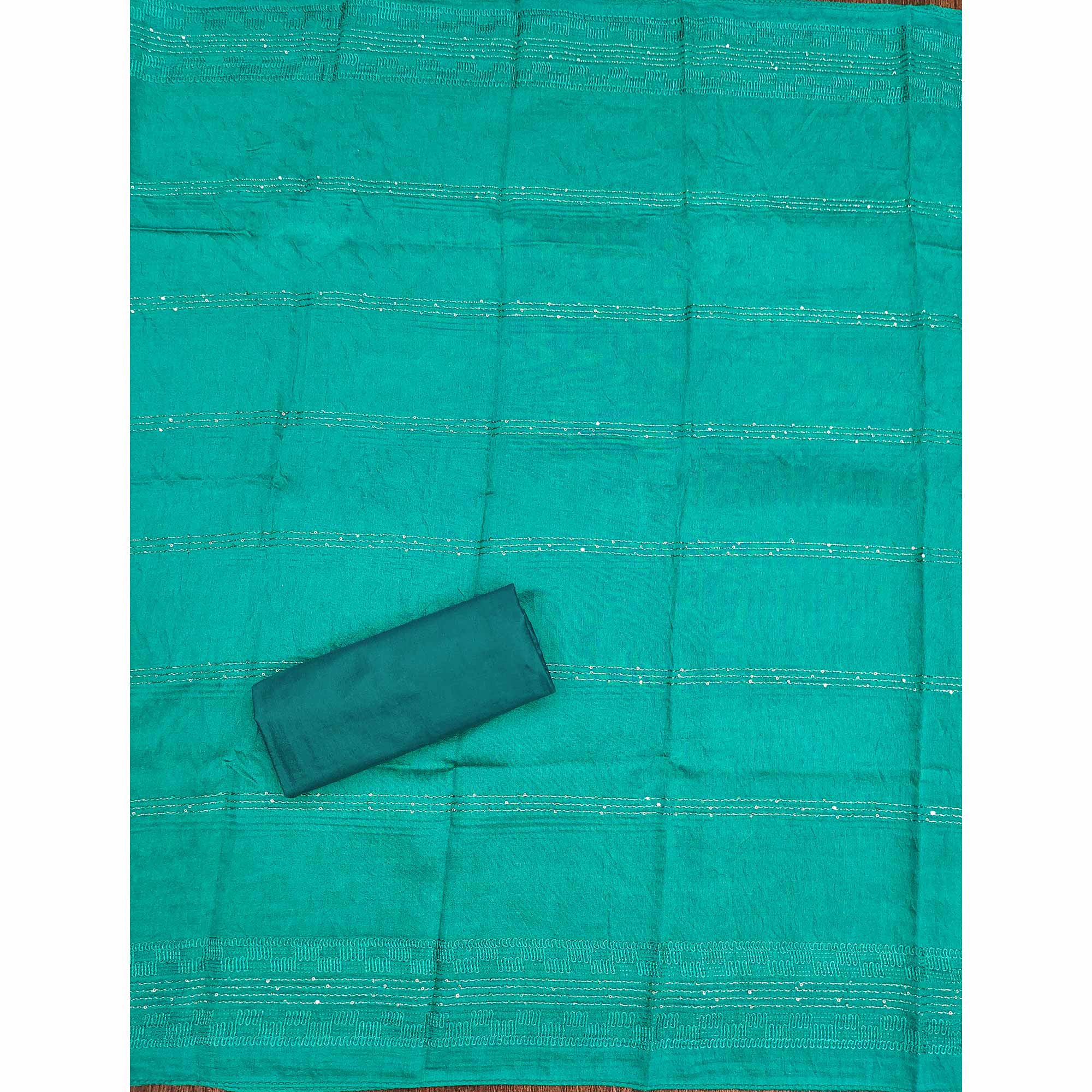 White & Teal Cotton Blend Dress Material With Floral Digital Print & Embroidery