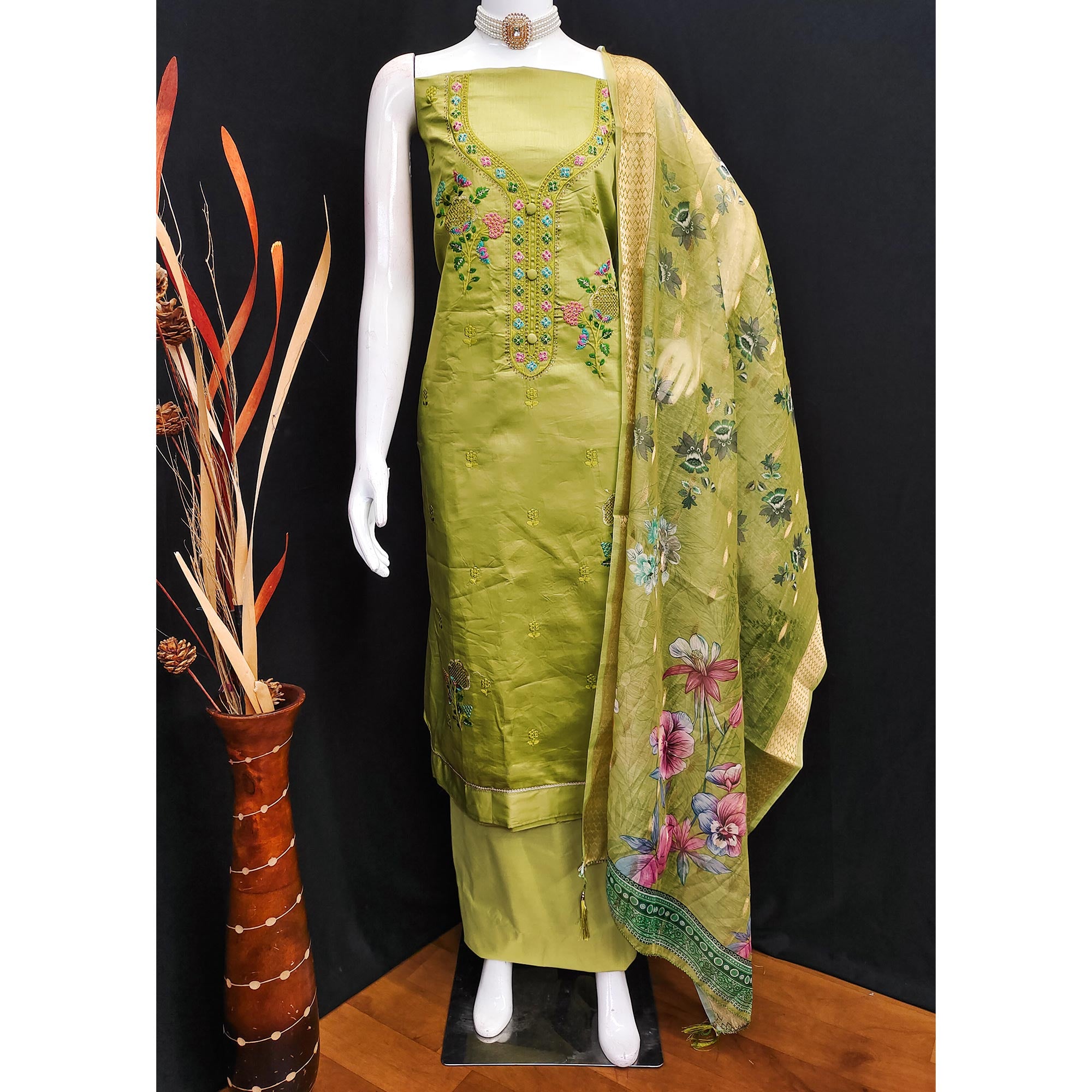 Elegant Green Pure Cotton Dress Material Showcasing Fine Floral Embroidery & Swarovski Work