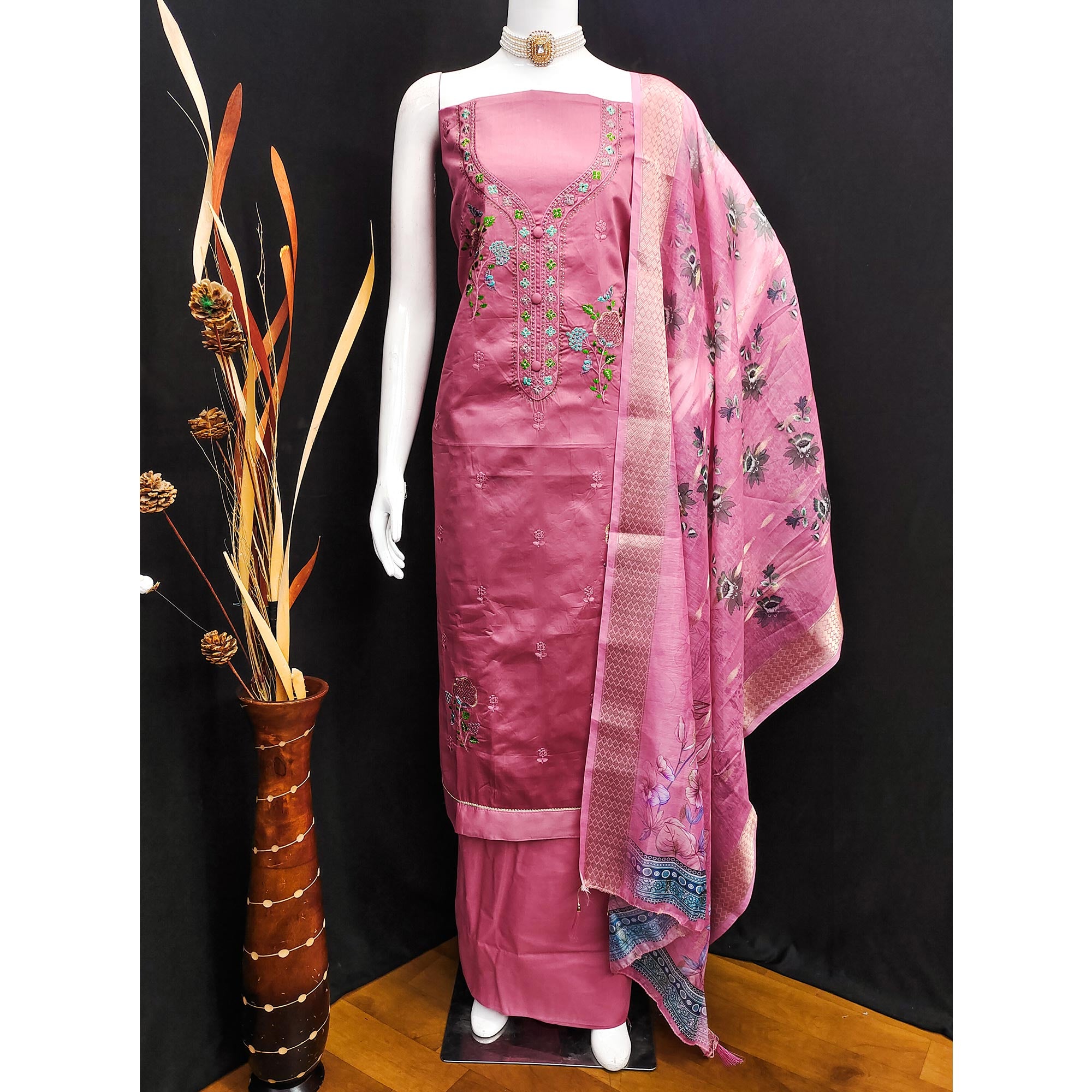 Elegant Pink Pure Cotton Dress Material Showcasing Fine Floral Embroidery & Swarovski Work