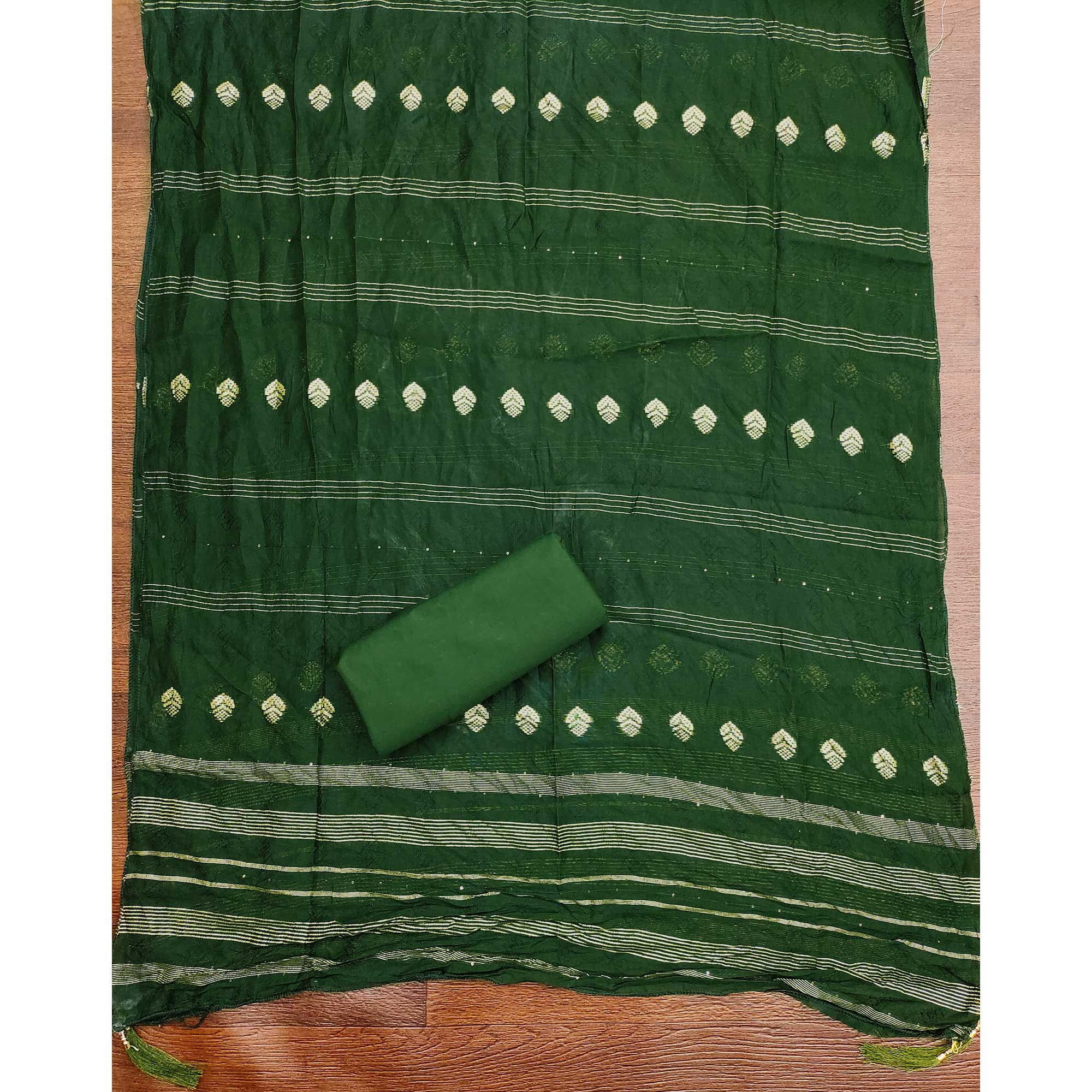 Green Cotton Blend Dress Material Adorned With Swarovski Accents and Floral Threadwork