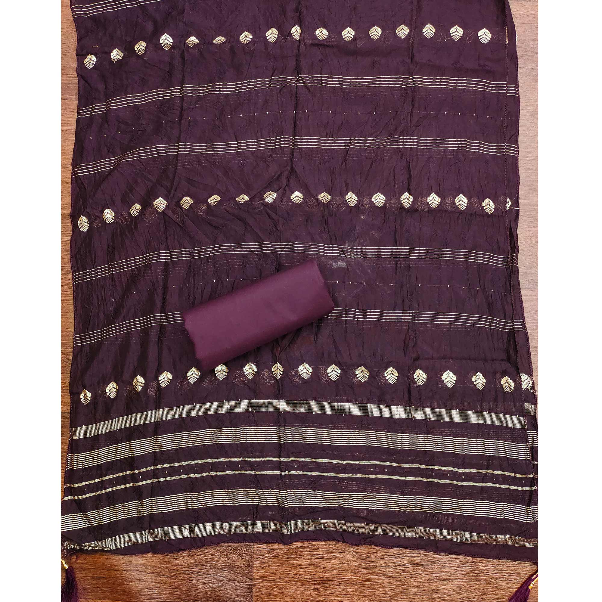 Wine Cotton Blend Dress Material Adorned With Swarovski Accents and Floral Threadwork