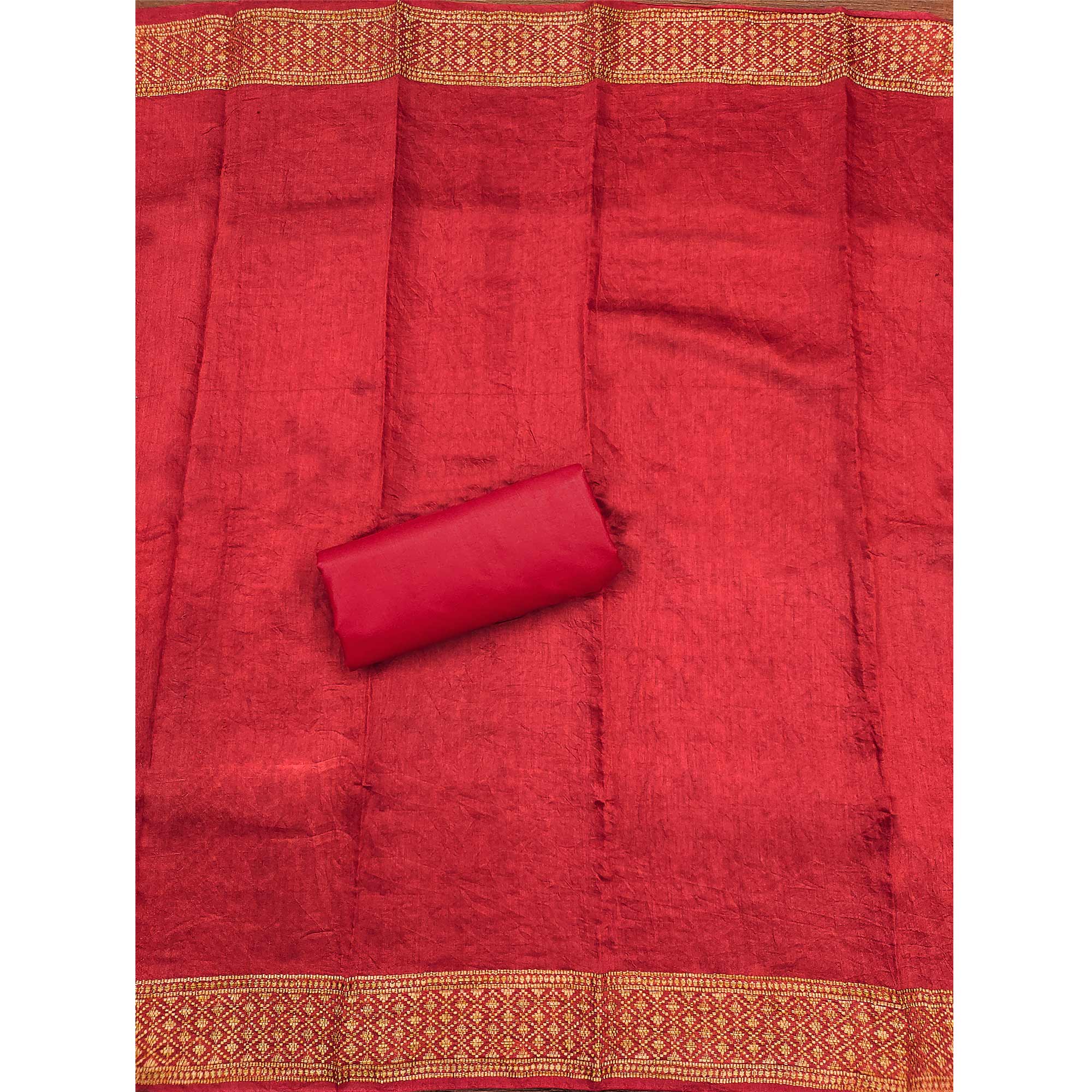 Red Digital Printed Cotton Blend Dress Material With Intricate Neck Embroidery