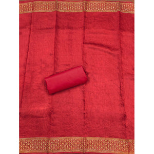 Red Digital Printed Cotton Blend Dress Material With Intricate Neck Embroidery