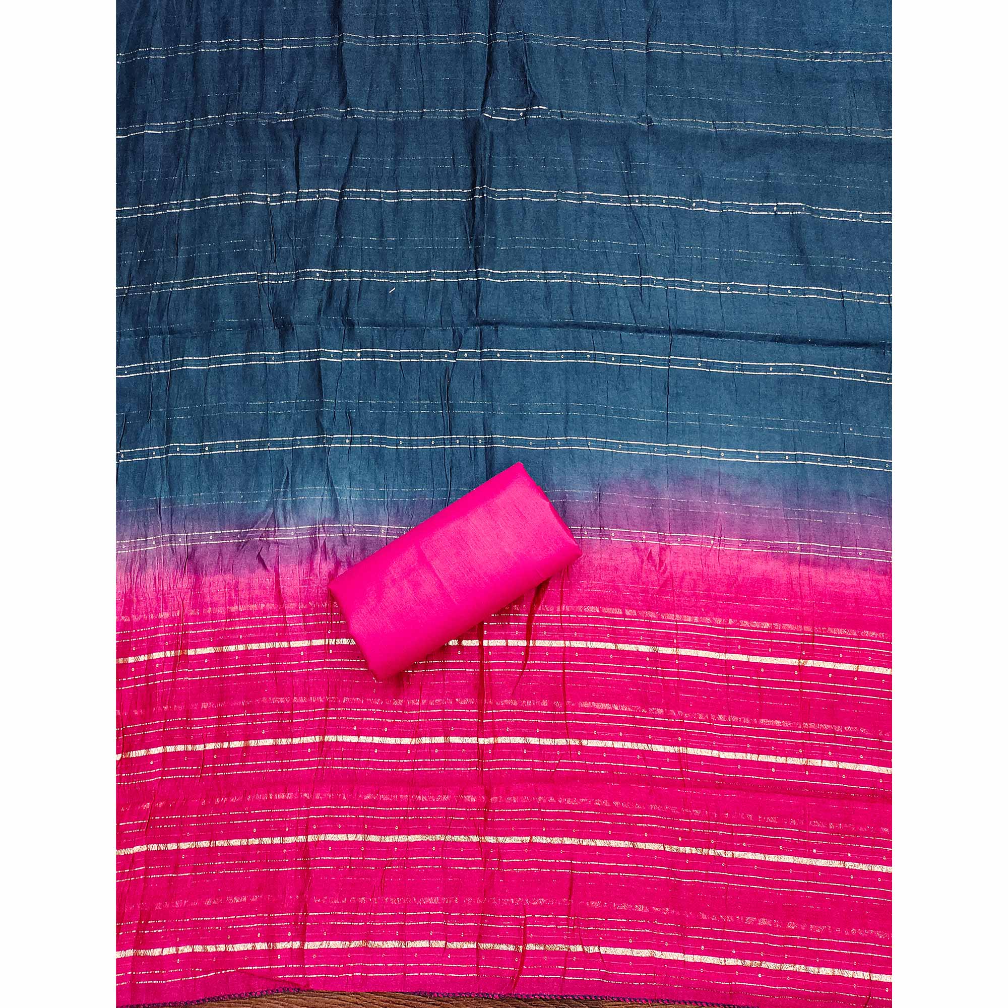 Blue Floral Sequins Embroidered Slub Cotton Dress Material