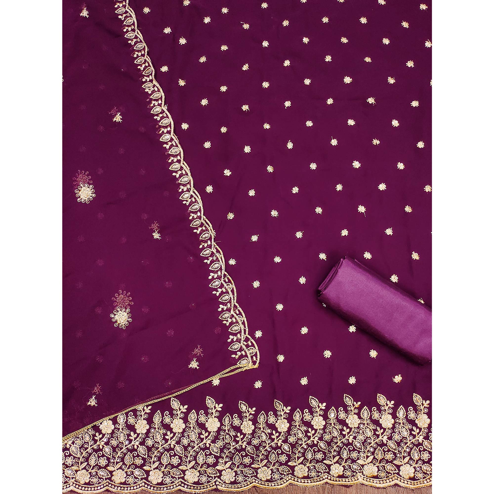 Wine Floral Sequins Embroidered Georgette Dress Material