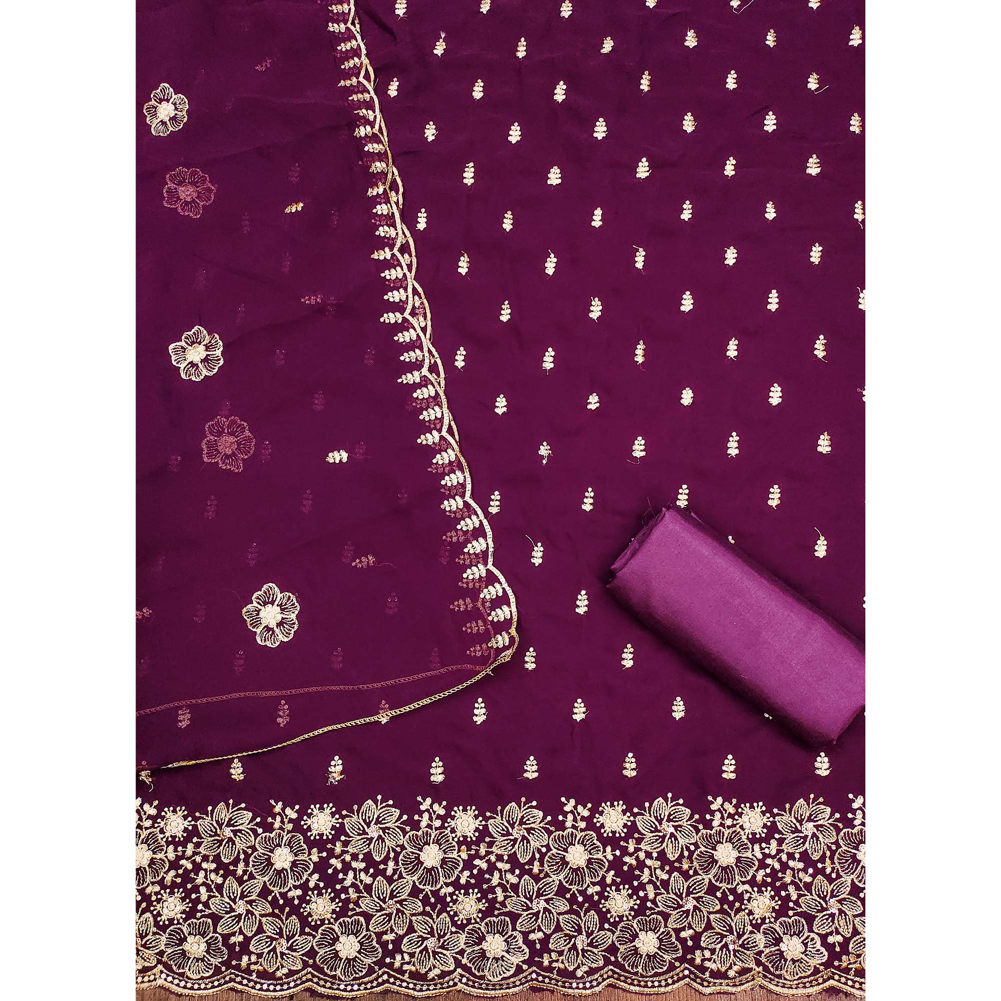 Wine Floral Sequins Embroidered Georgette Dress Material