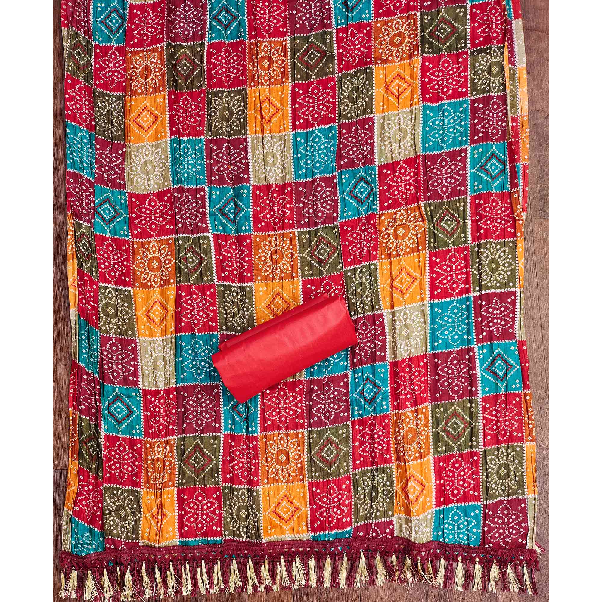 Red Floral Thread Embroidered Dress Material In Soft Cotton Blend