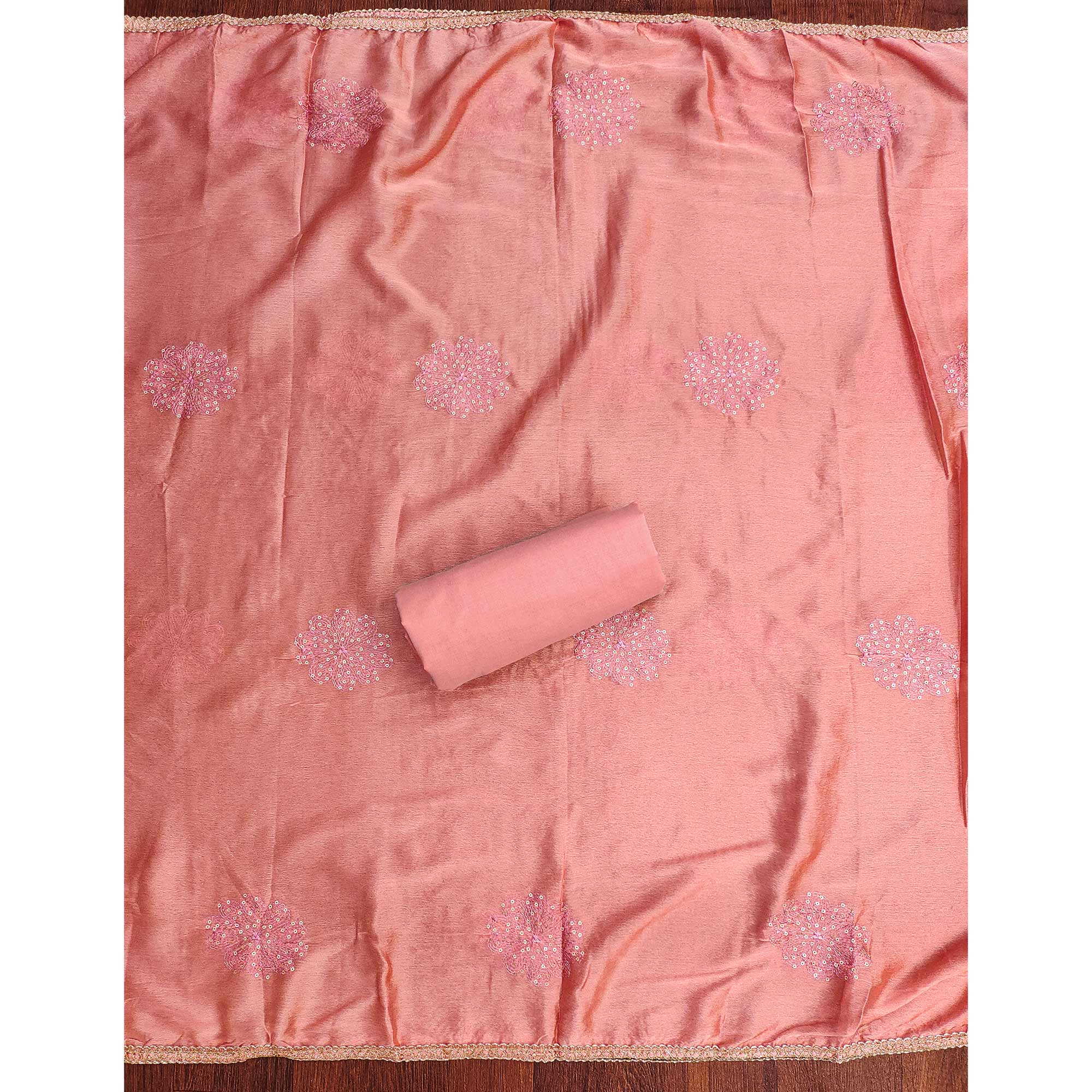 Breathable Pure Cotton Dress Material in Peach with Floral Designs