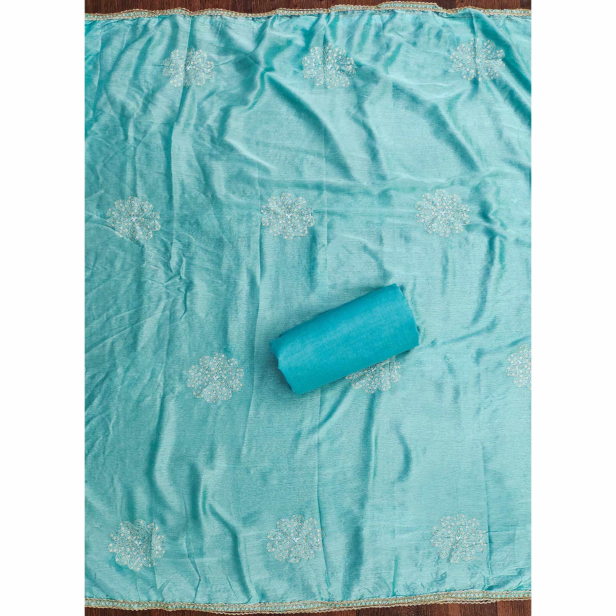 Breathable Pure Cotton Dress Material in Turquoise with Floral Designs