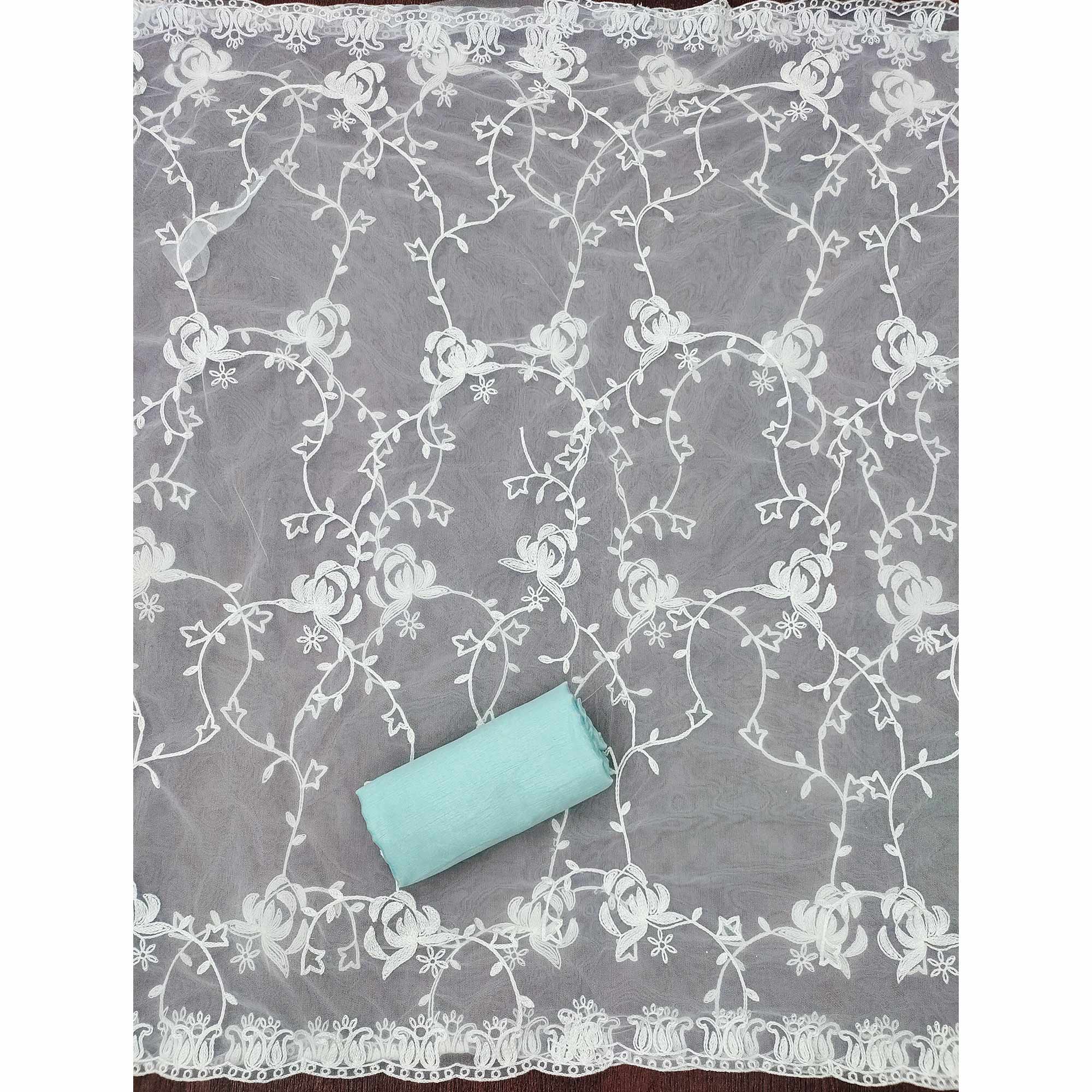 Sea Green Unstitched Dress Material Featuring Fine Floral Embroidery on Chanderi Silk