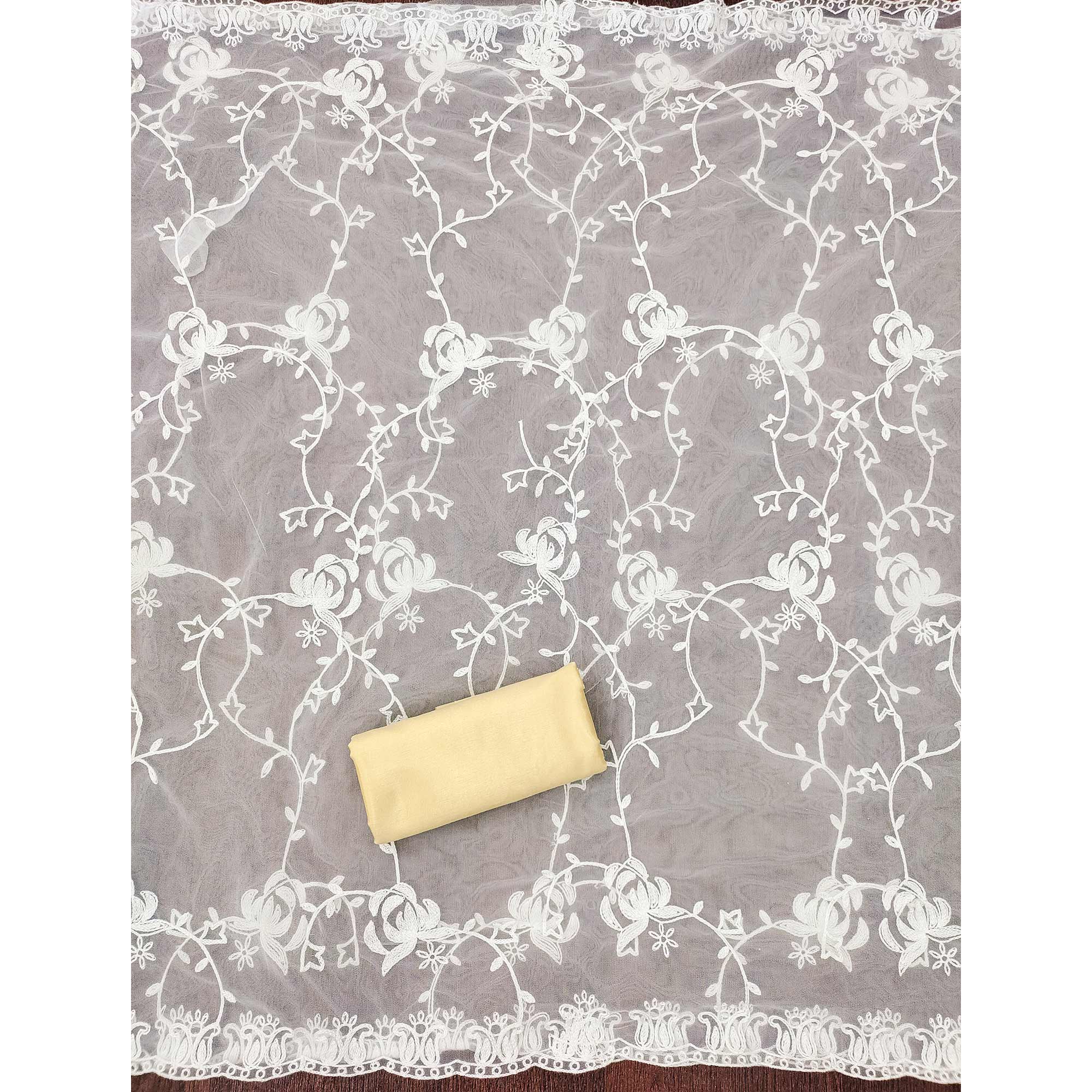 Yellow Unstitched Dress Material Featuring Fine Floral Embroidery on Chanderi Silk